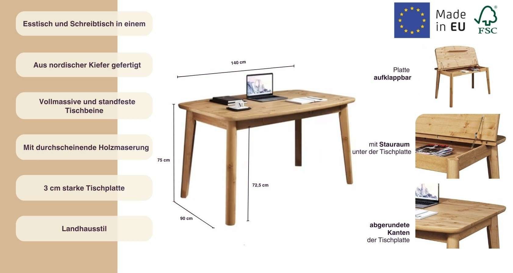 Home affaire Eettafel Palermo, multifunctionele tafel, werktafel, bureau met opbergruimte, opklapbaar blad, home office bureau, massief hout