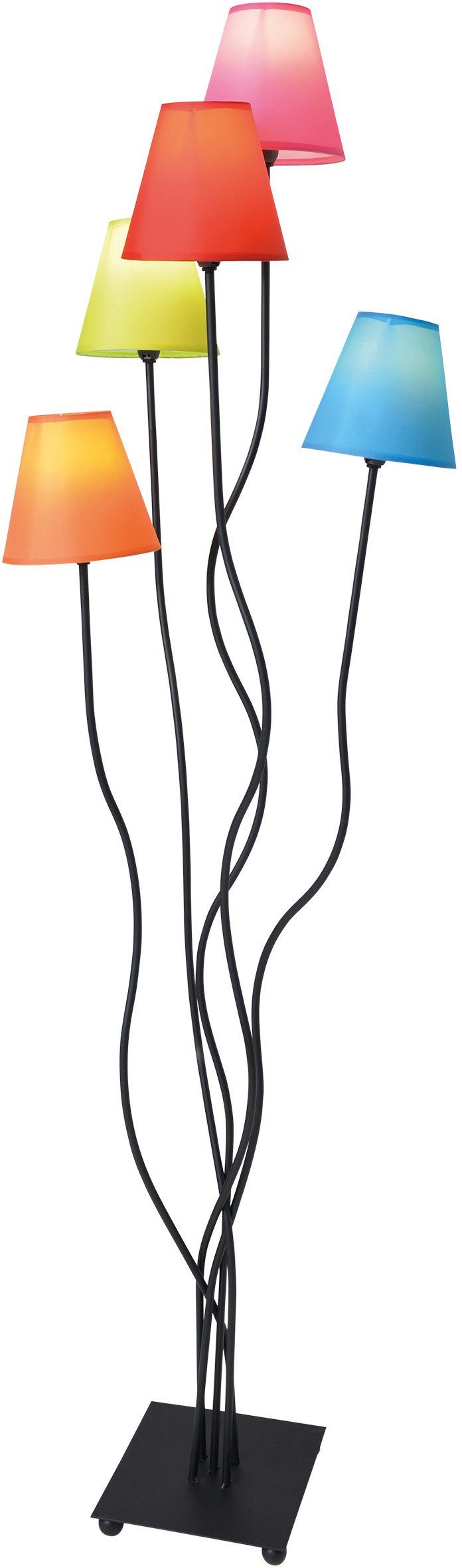 näve Staande lamp Colori 5-vlamig, kleurrijke textielkappen oranje, groen, roze, blauw en...