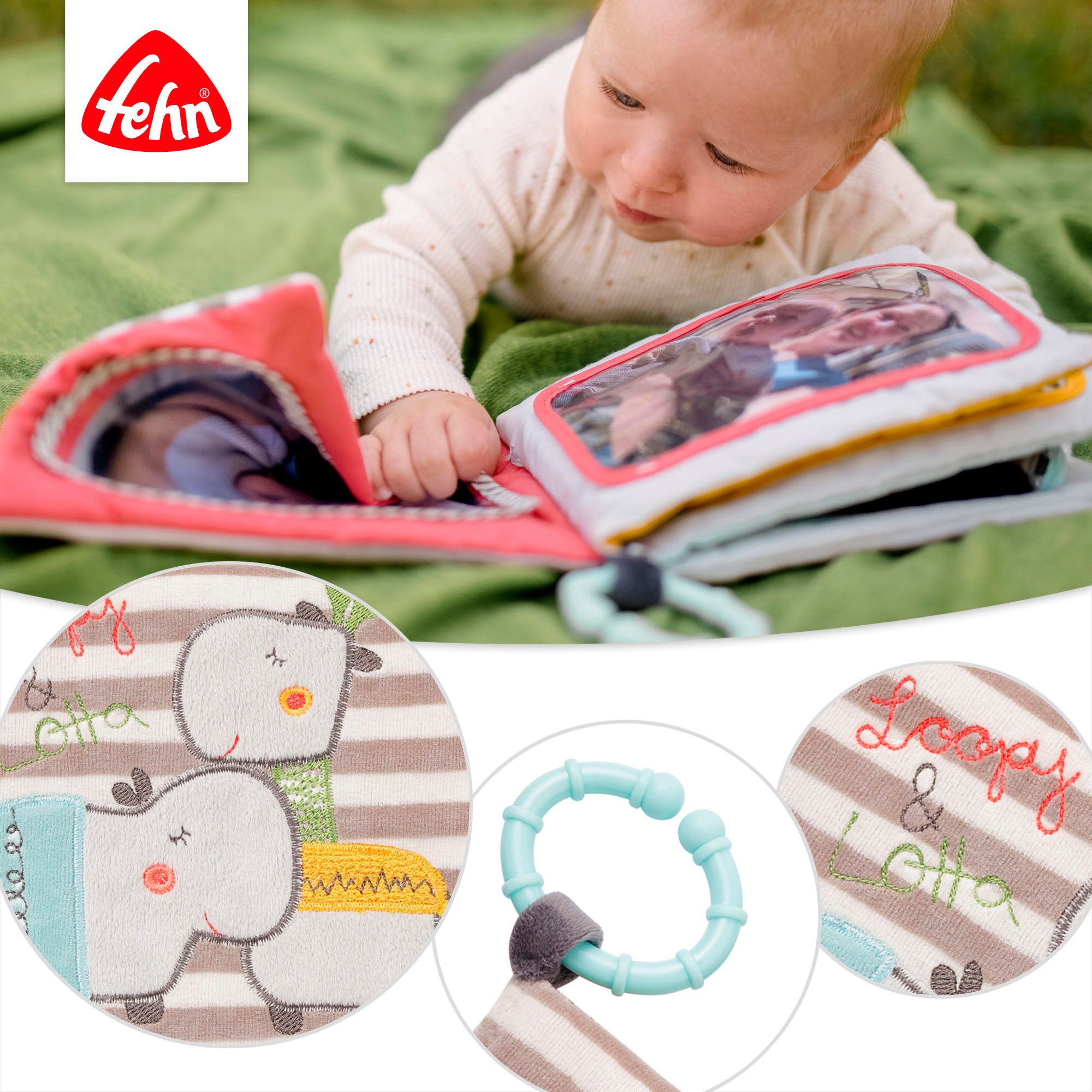 Fehn Grijpspeeltje Classic Stars, Loopy & Lotta fotoalbum met ring ter bevestiging aan kinderwagen, babyzitje of bed