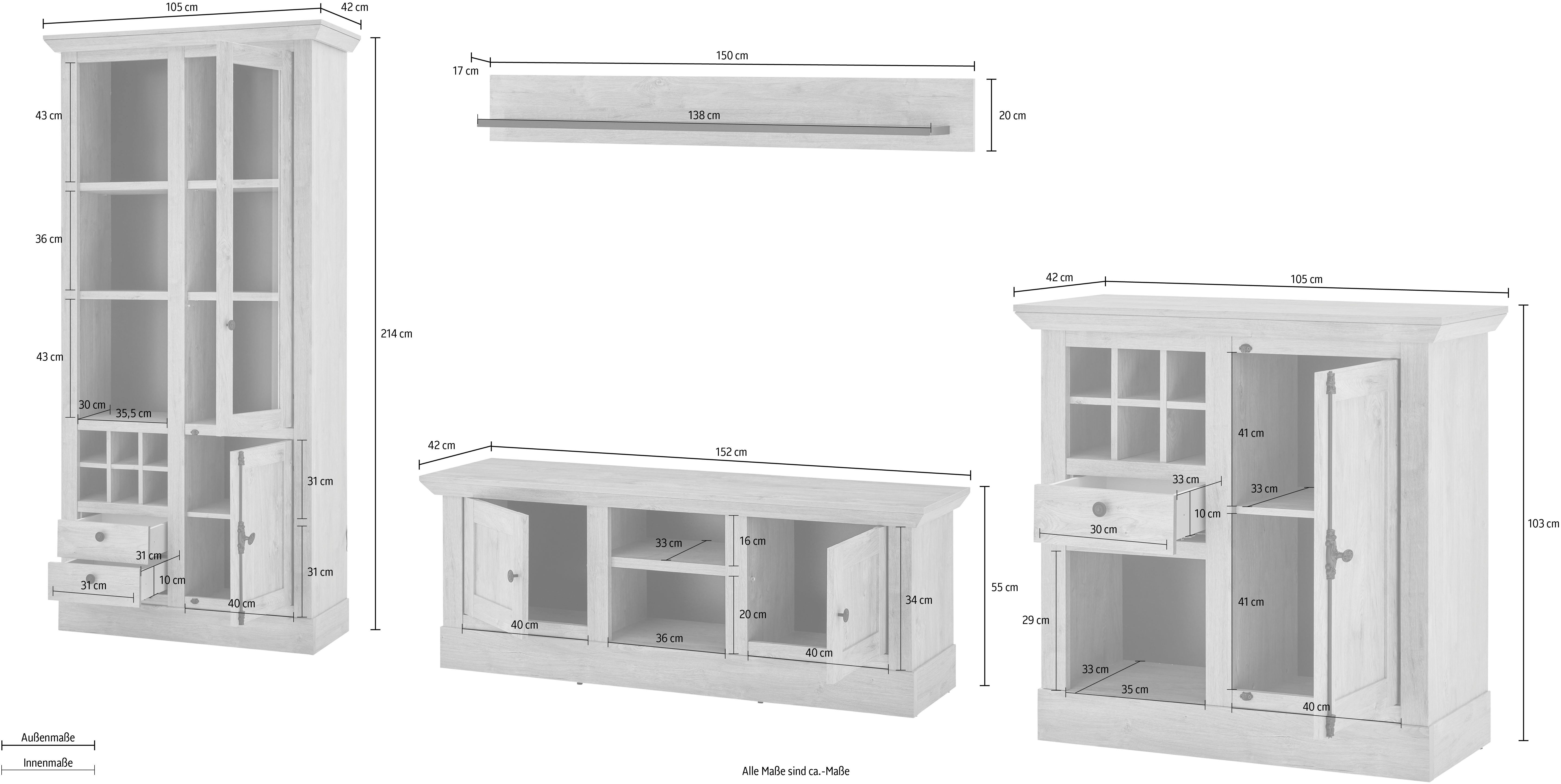 Home affaire Wandmeubel Cornwall, opbouwwand in landelijke stijl, woonkamer-set, eiken decor (set, 4-delig)