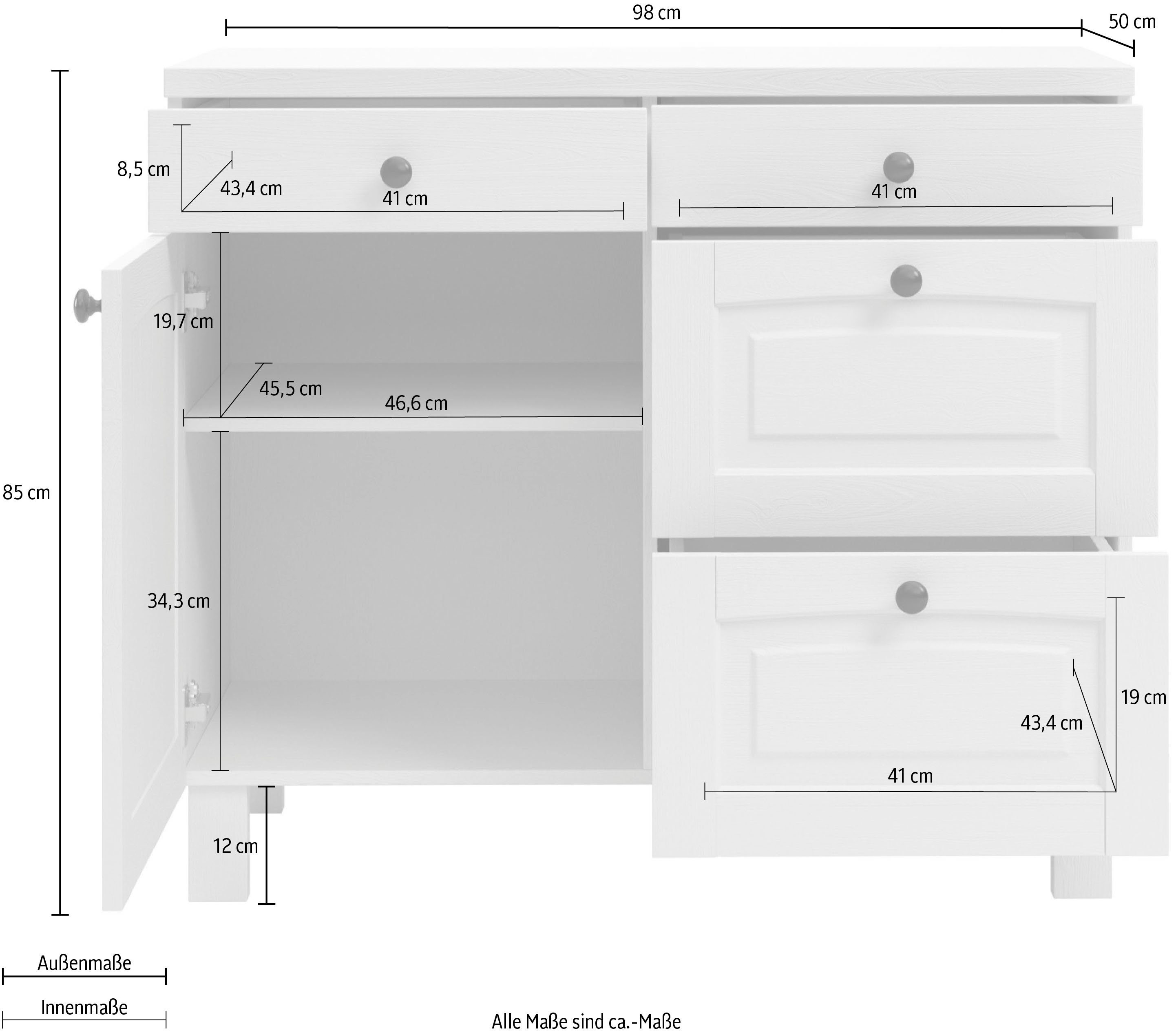 Kochstation Onderkast KS-Osby Massief grenen, breedte 100 cm, 1 deur, 4 laden (1 stuk)