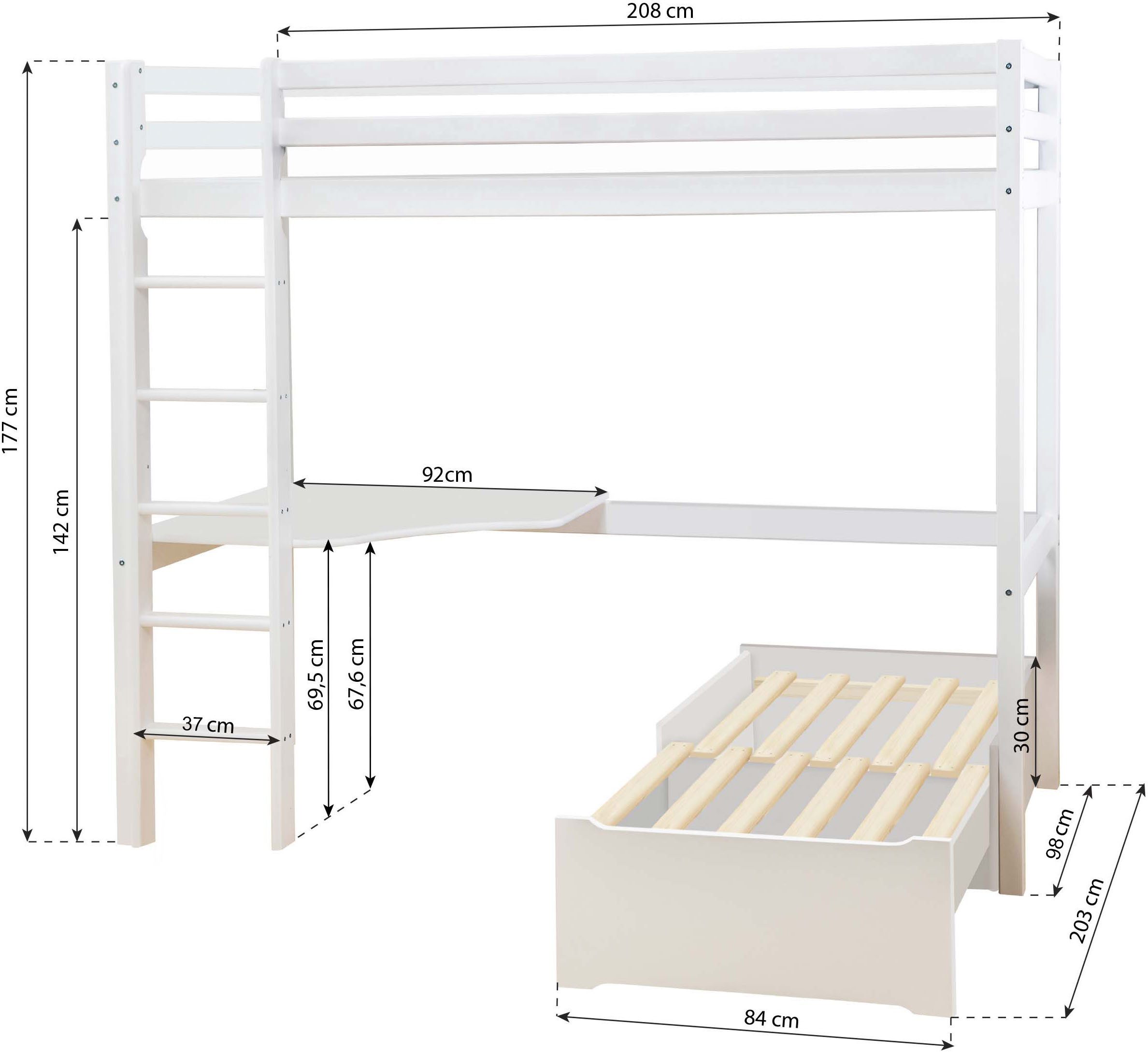 Hoppekids Hoogslaper ECO Dream 90x200 met bureau & loungebank / logeerbed Kinderbed van massief hout, bank uitschuifbaar tot logeerbed