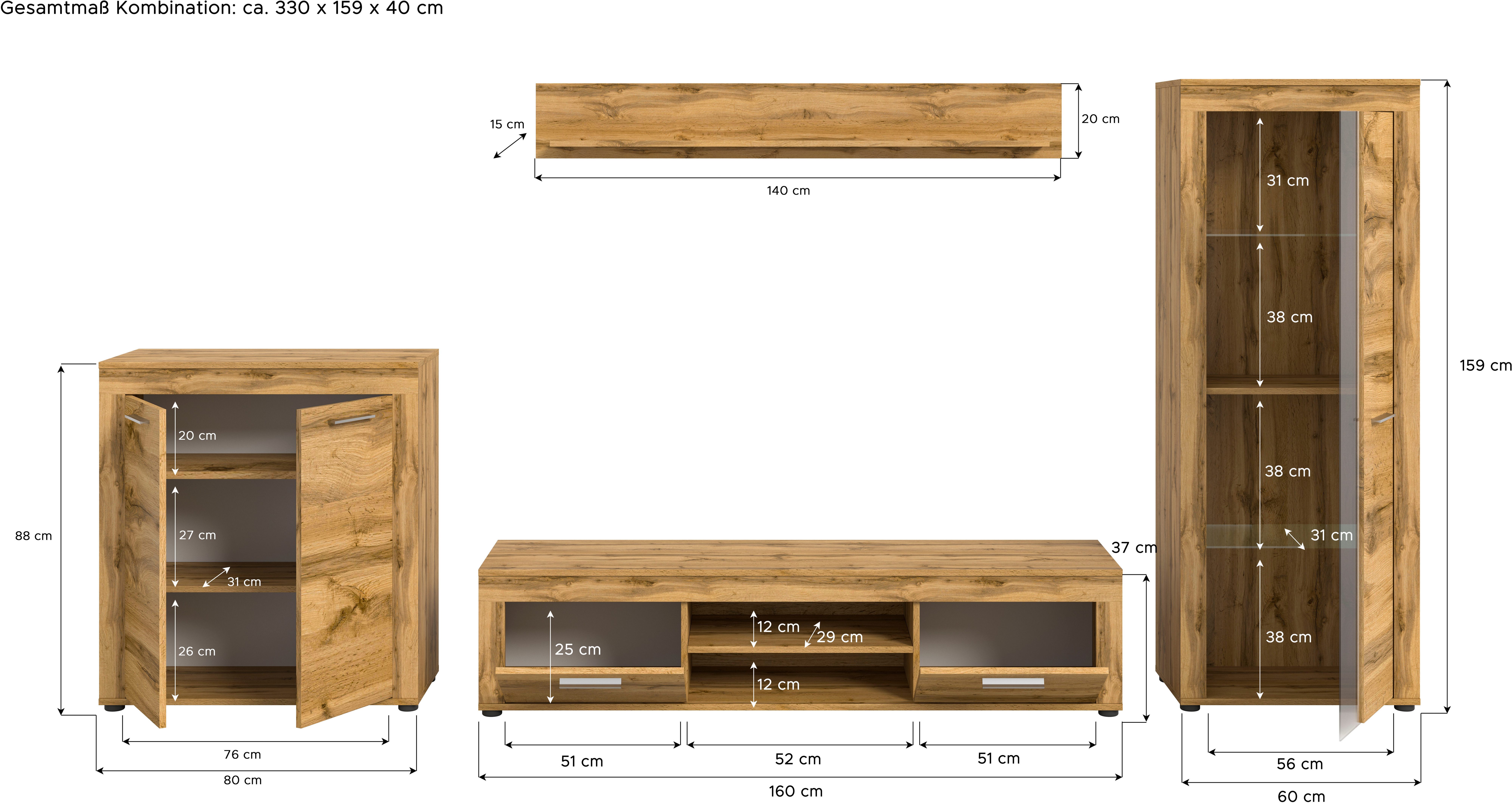 INOSIGN Wandmeubel Aosta, Breedte 330cm, bestaand uit Highboard, Lowboard, Wandplank, Vitrine (4-delig)