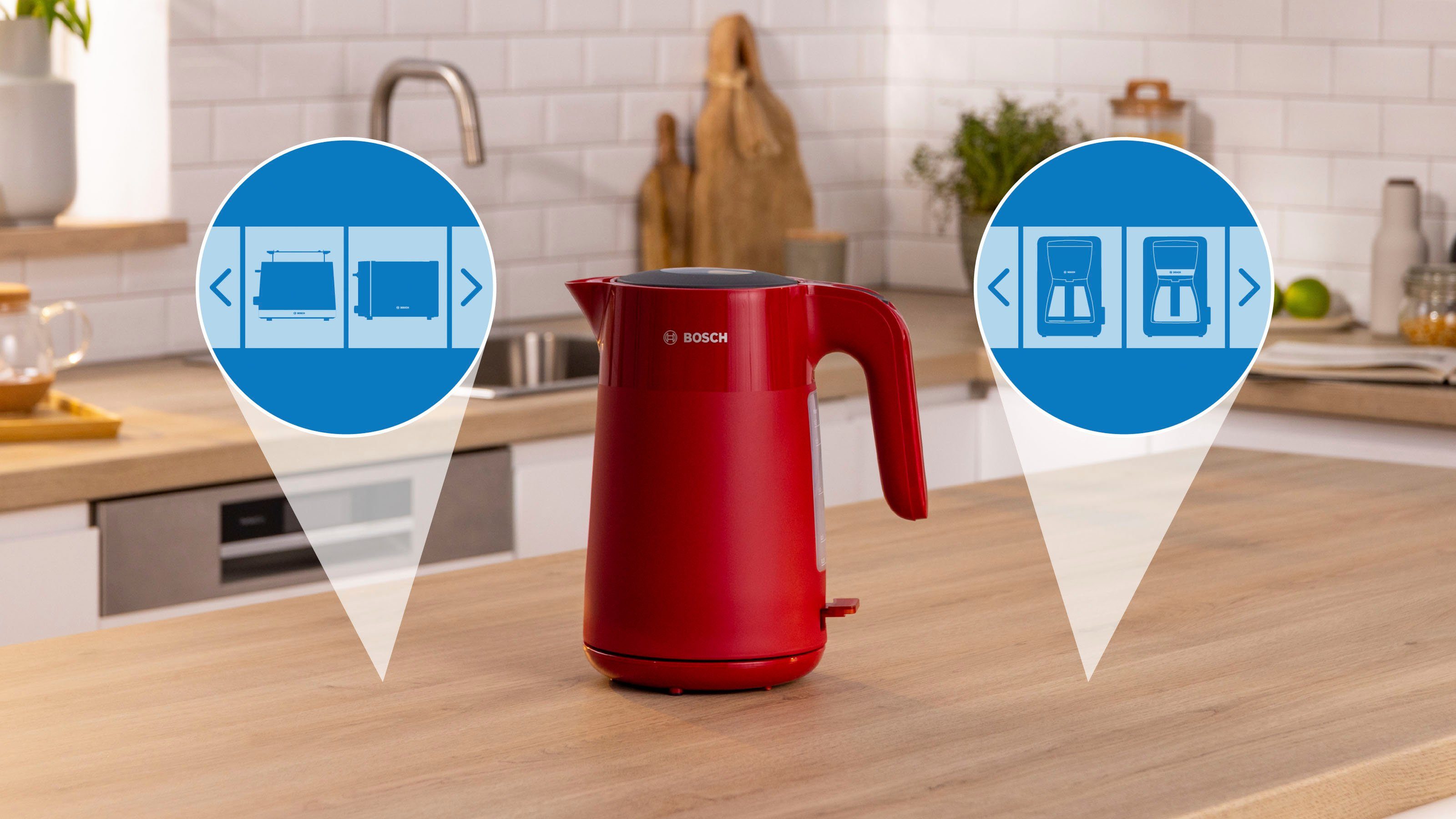 BOSCH Waterkoker TWK2M164, 1,7 l, Automatische uitschakeling, weergave aantal kopjes, mat rood