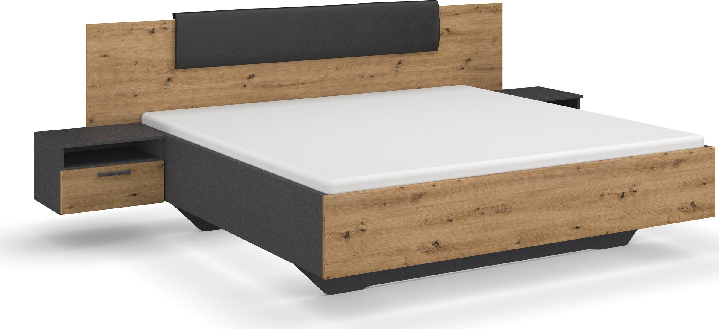 rauch Ledikant Miro met bekleed hoofdbord en hangende nachtkastjes bedframes grijs