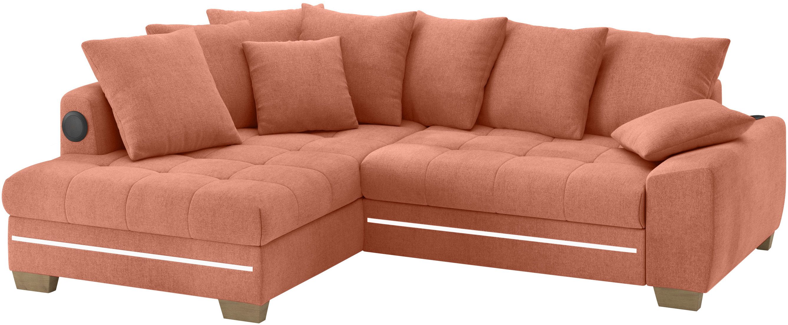 Mr. Couch Hoekbank Nikita II, L-vorm RGB-LED, Bluetooth-geluidssysteem, optioneel met bed, bedlade oranje, hoekbanken, 243 cm