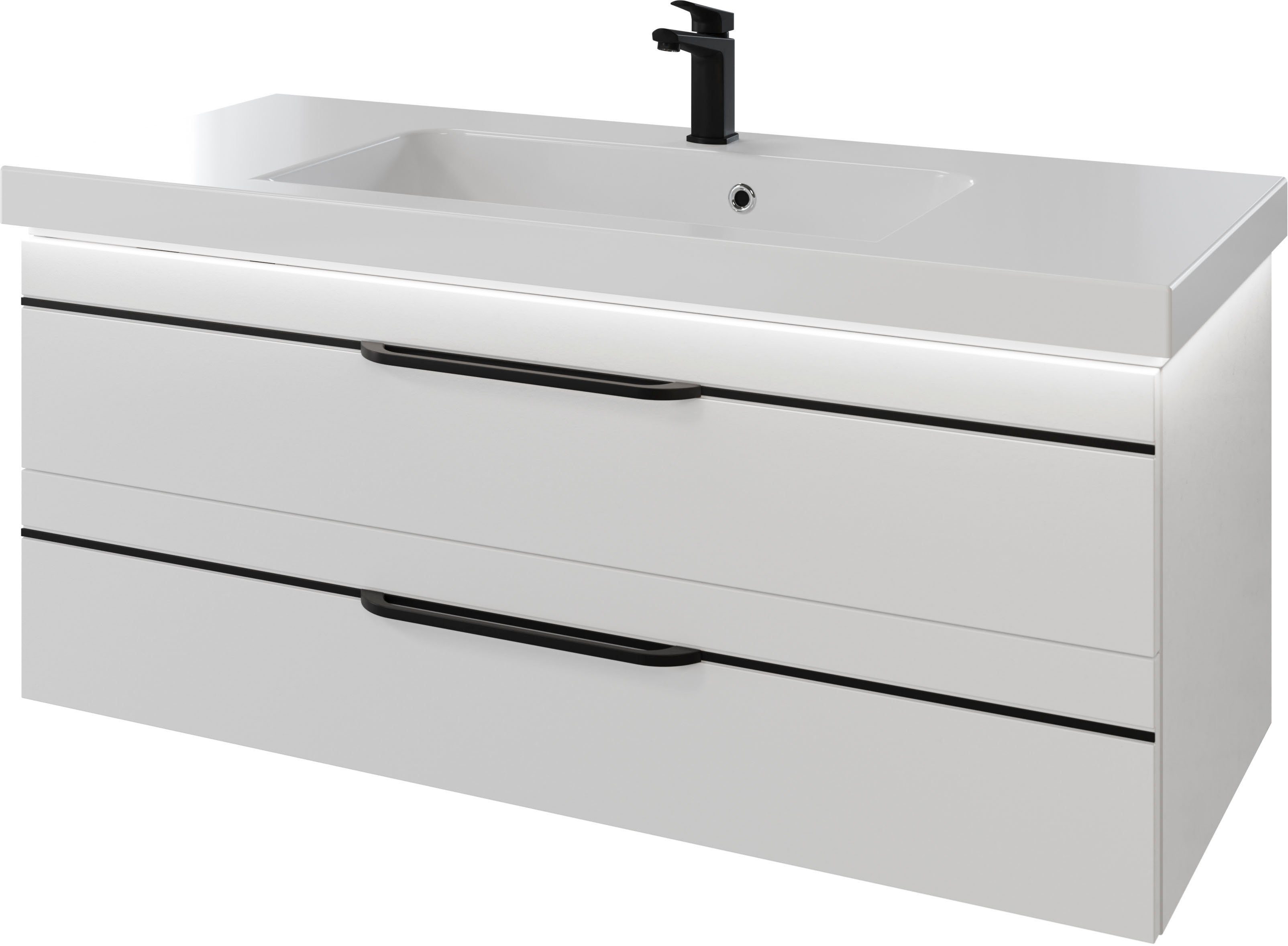 Saphir Wastafelonderkast Serie Balto mineraalmarmeren wastafel met onderkast, 123 cm breed Wastafelmeubel met 2 laden, badkamerkast in verschillende