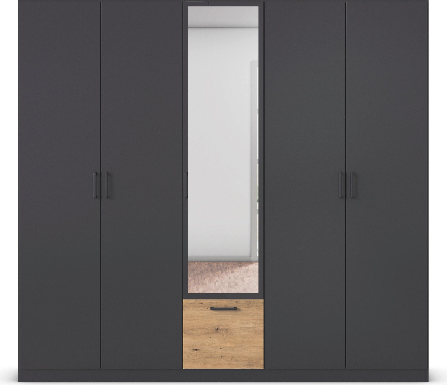 rauch Draaideurkast Kledingkast kast garderobe waskast BARI met spiegel met lades in het midden, moderne greep in grijs metallic made in germany