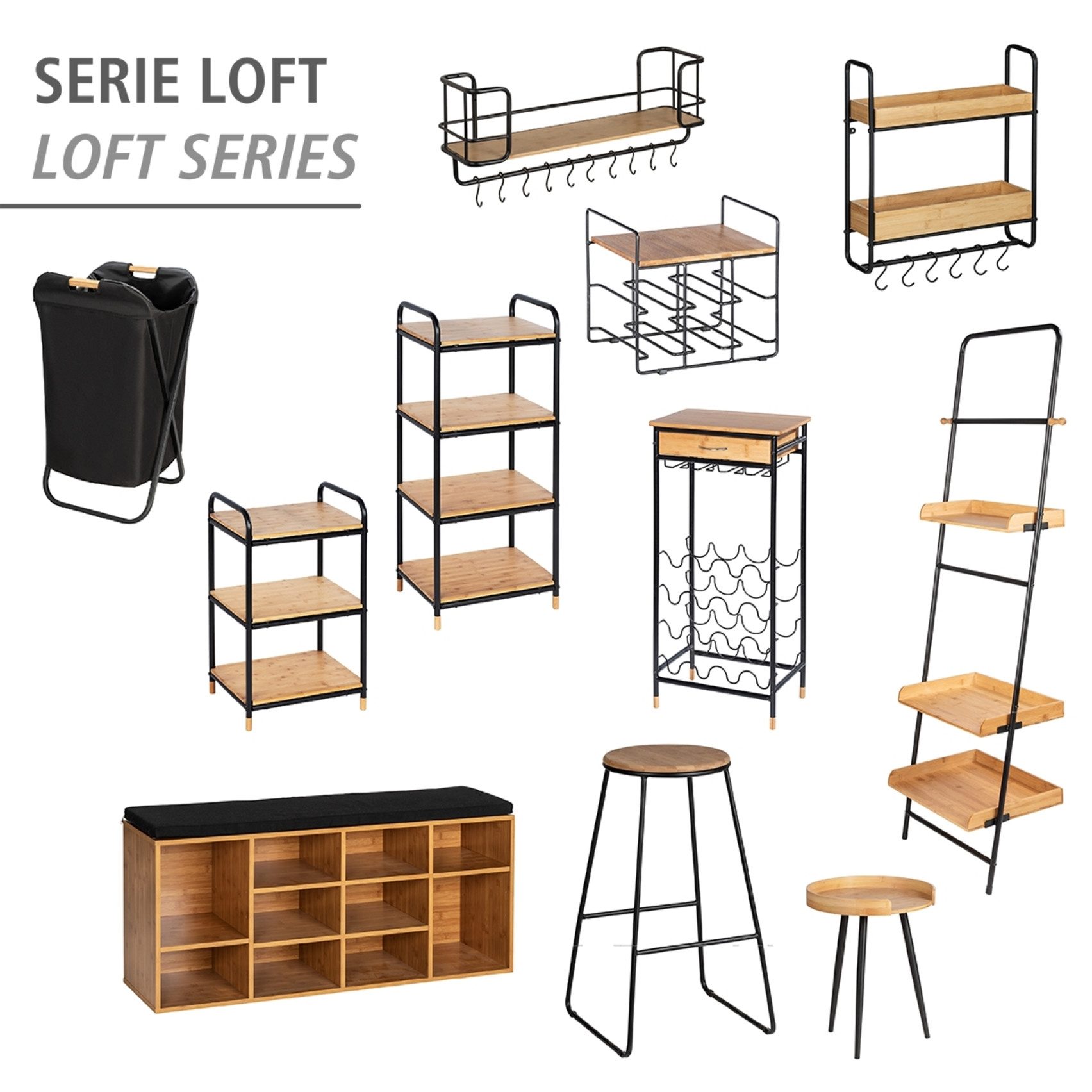 WENKO Wijnflessenhouder Model Loft Flessenrek voor 16 flessen met lade, metaal en bamboe