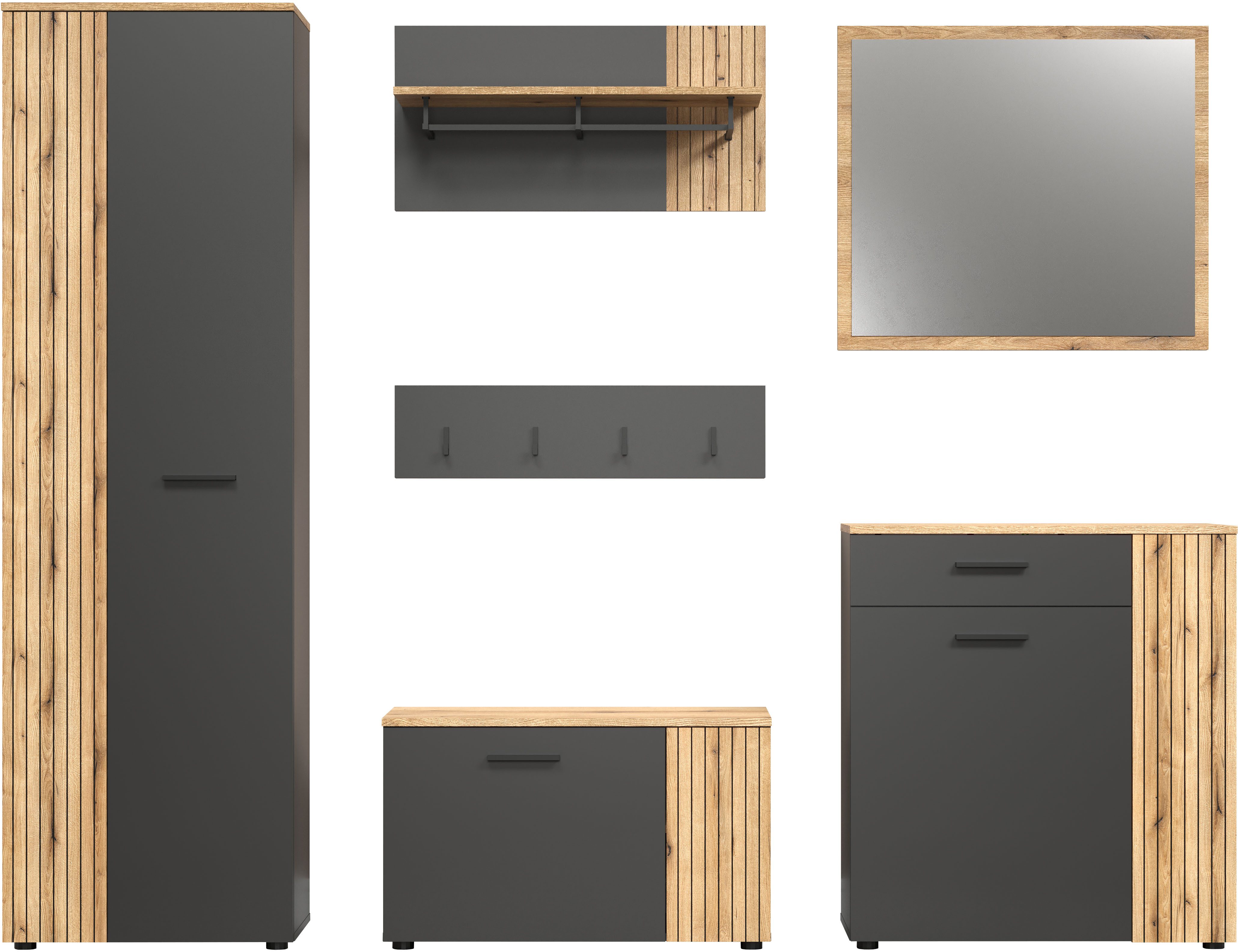 INOSIGN Halmeubelset Estepona Garderobemeubel met ribbelontwerp - afmetingen (B/D/H) 250/36/195 cm (complete set, 6-delig)