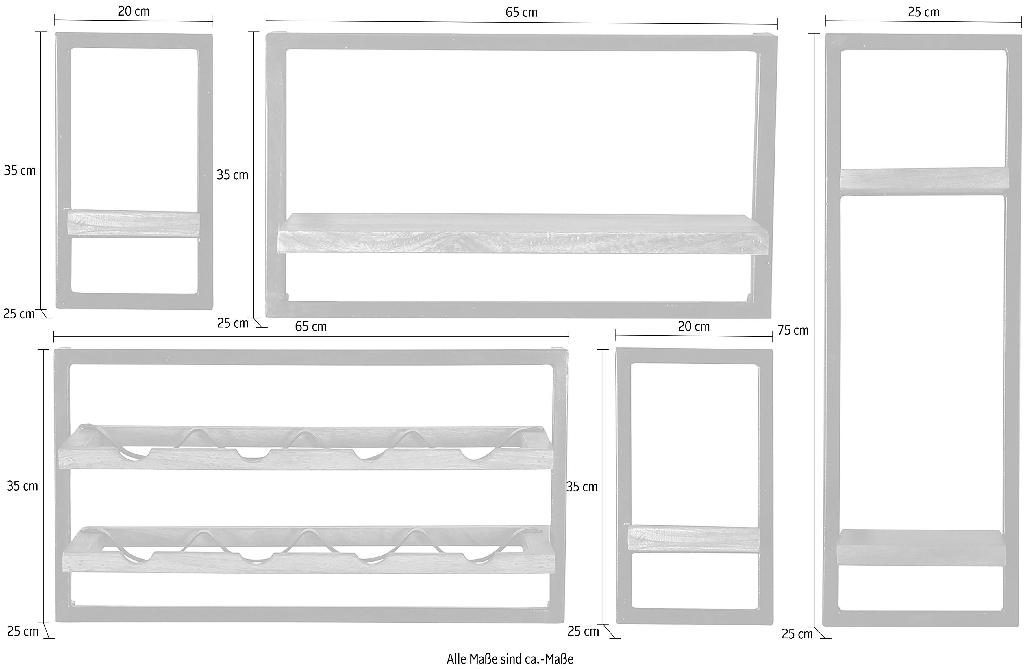 SIT Wandplank Panama Kastenset, set van 5 in industrial-stijl, mangohout en metaal (set, 5 stuks)
