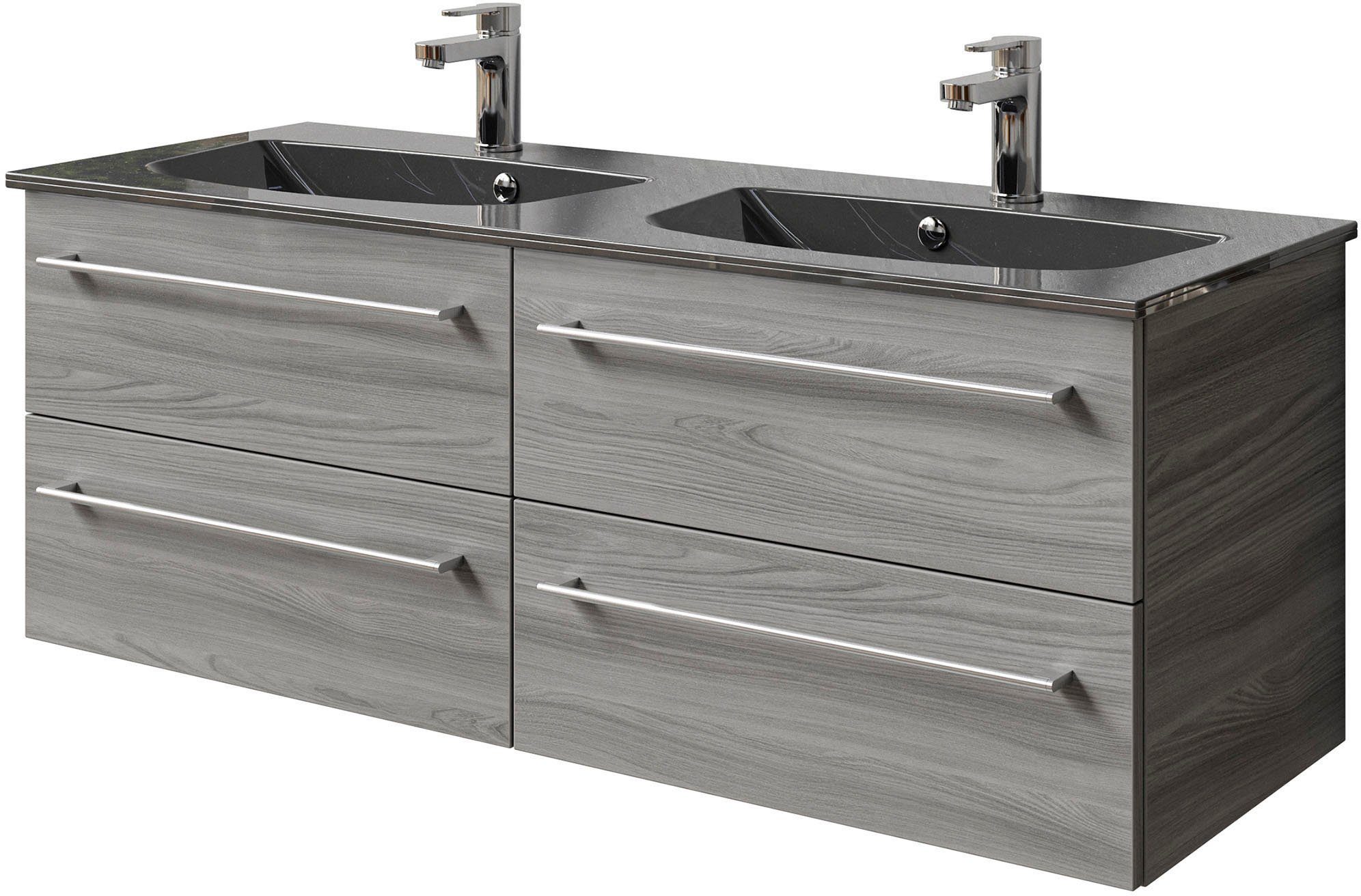 Saphir Wastafelonderkast Serie 6025 mineraalmarmeren wastafel met onderkast, 132 cm breed Dubbele wastafel met 4 lades, hangend, verschillende