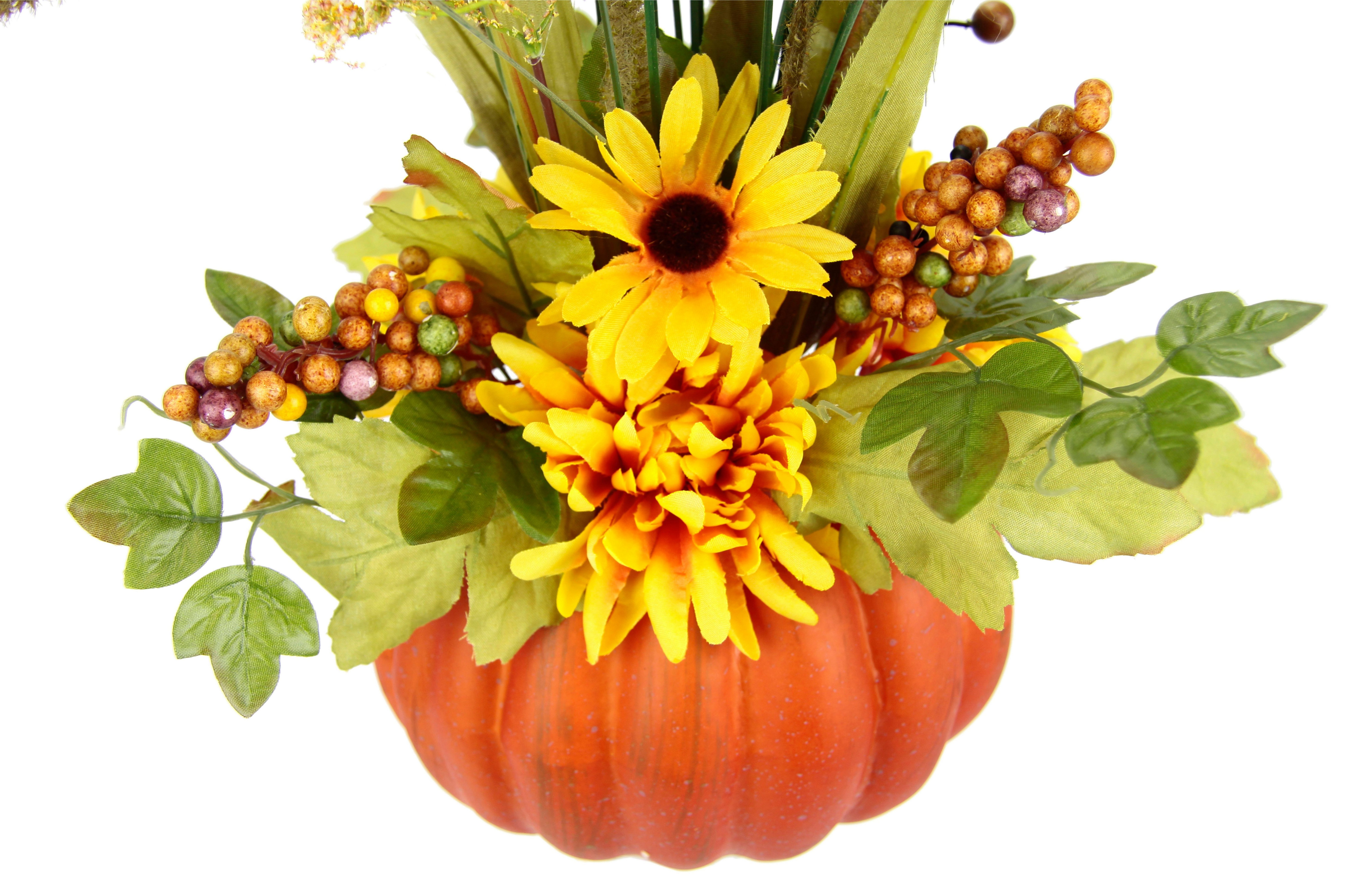 I.GE.A. Kunstbloem Arrangement van dahlia’s bessen grassen in pompoen Arrangement met kunstbloemen decoratie herfstdecoratie (1 stuk)