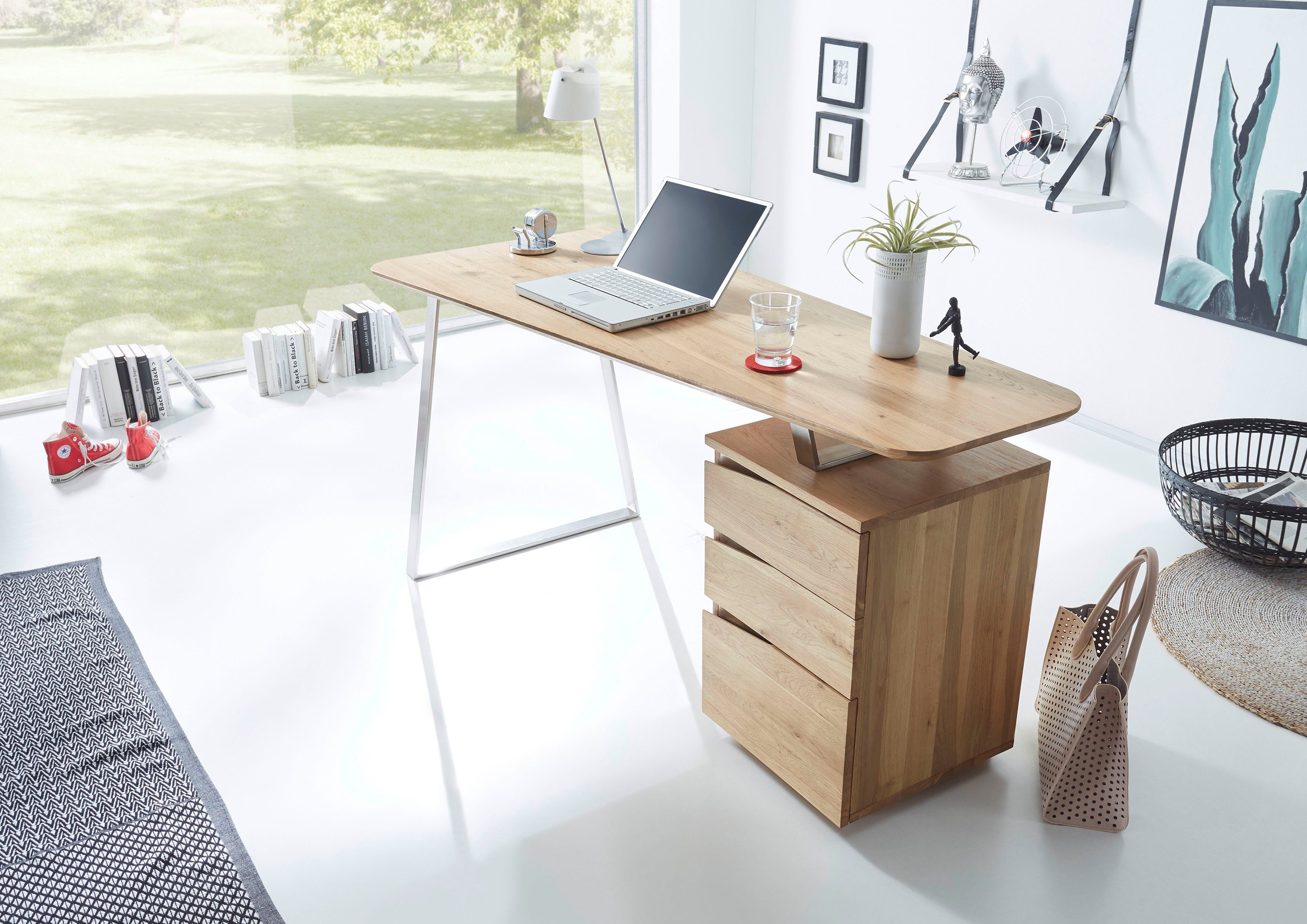 MCA furniture Bureau Tori Noesteiken massief hout geolied, met 3 laden, breedte 150 cm