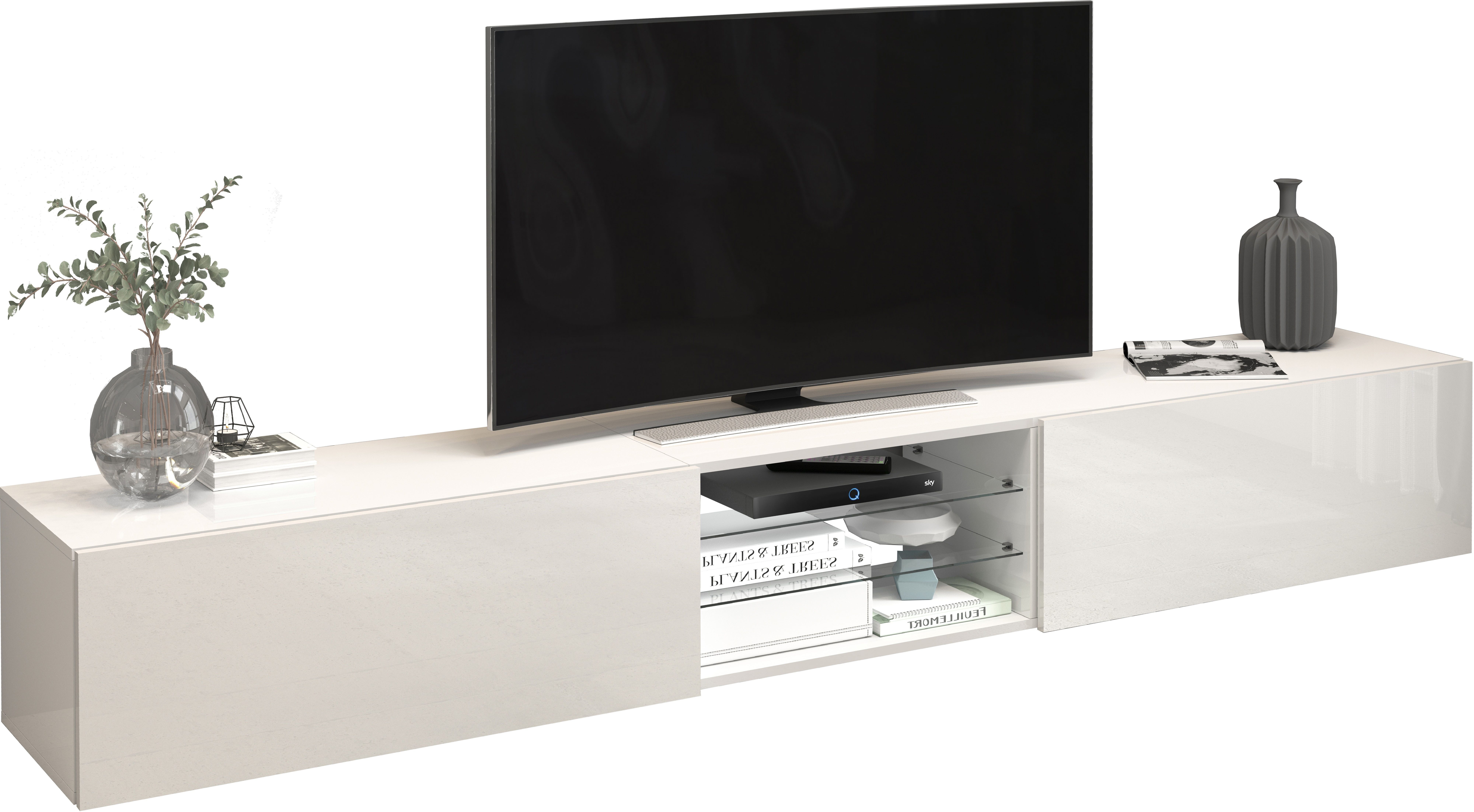 INOSIGN Tv-meubel Egypt, Lowboard, TV-ladekast, TV-meubel, TV-bank met 2 kleppen, 2 glazen planken, volledig hoogglans gelakt (b/d/h) 240x38x35 cm