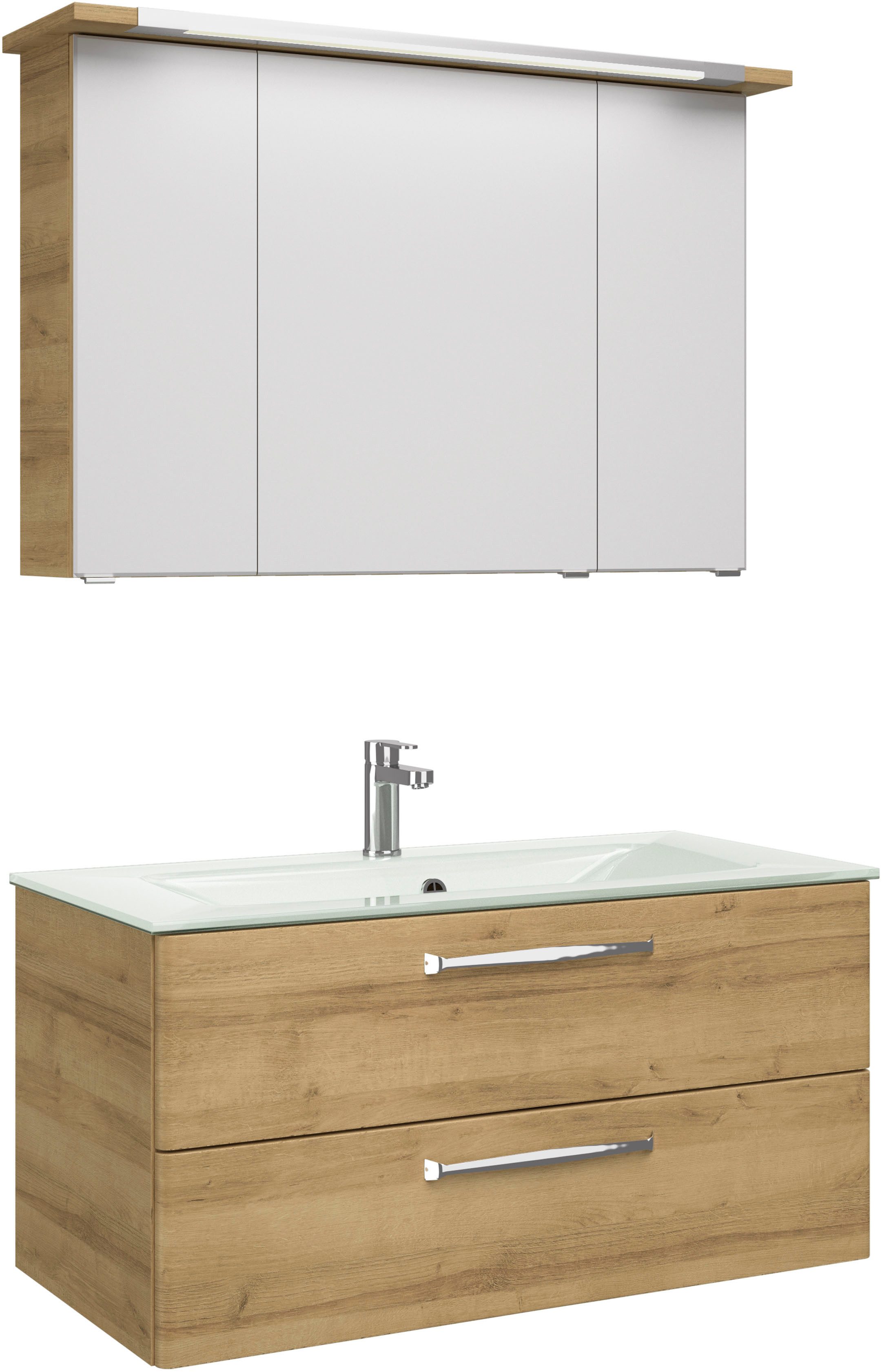 Saphir Badmeubelset Trentino 2-delig glazen wastafel, spiegelkast met LED-verlichting Badkamermeubel-set 107cm breed, incl. deurdemper, 3 deuren, 2