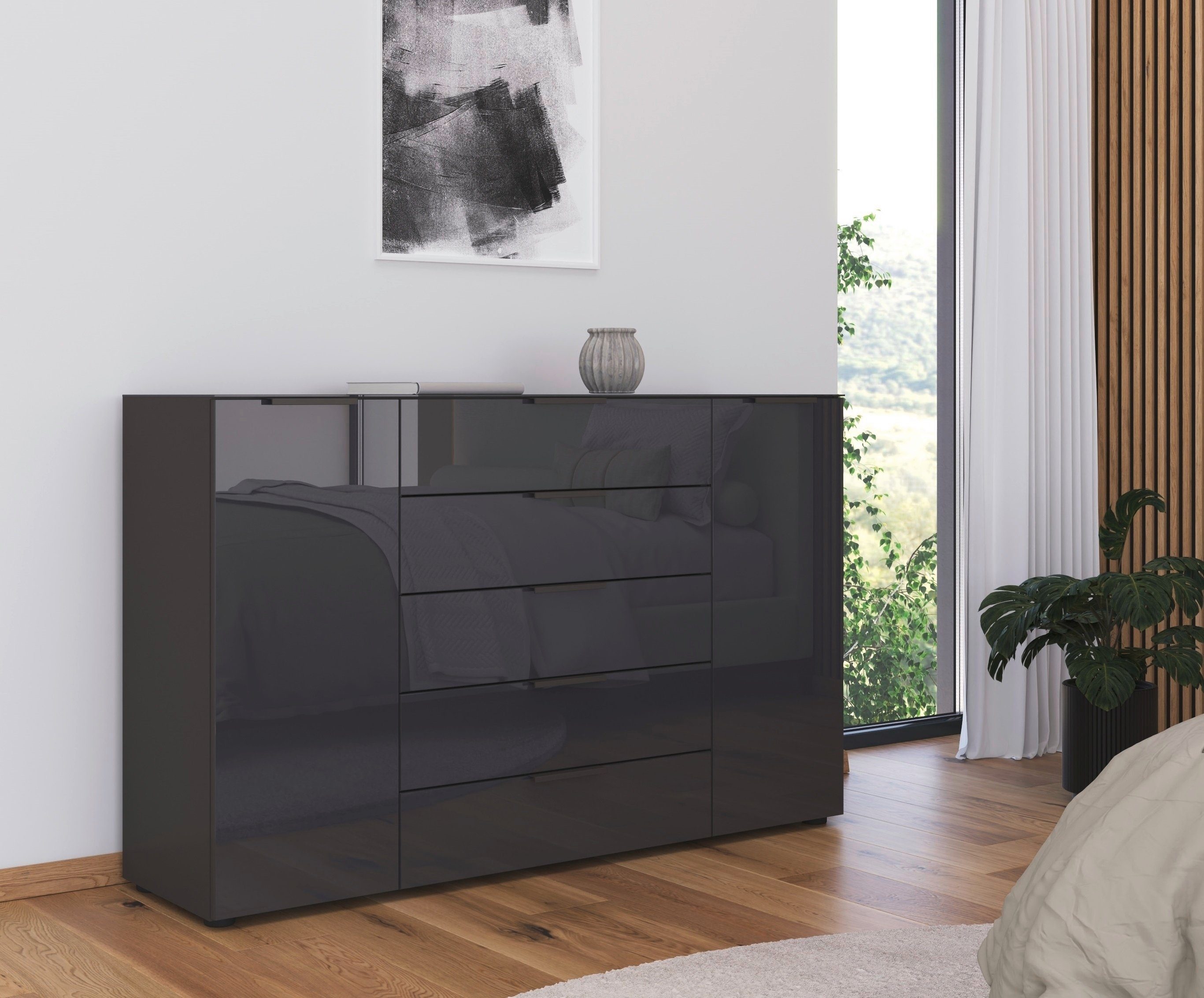 rauch Ladekast Flipp kast sideboard waskast 2-deurs, 5 laden, soft-close, bovenblad en glazen front, 2 breedtes