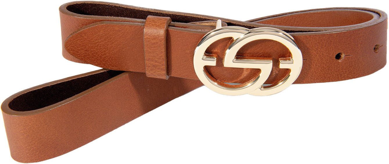 Silbergift Leren riem met glanzend gepolijste gouden grafische sluiting