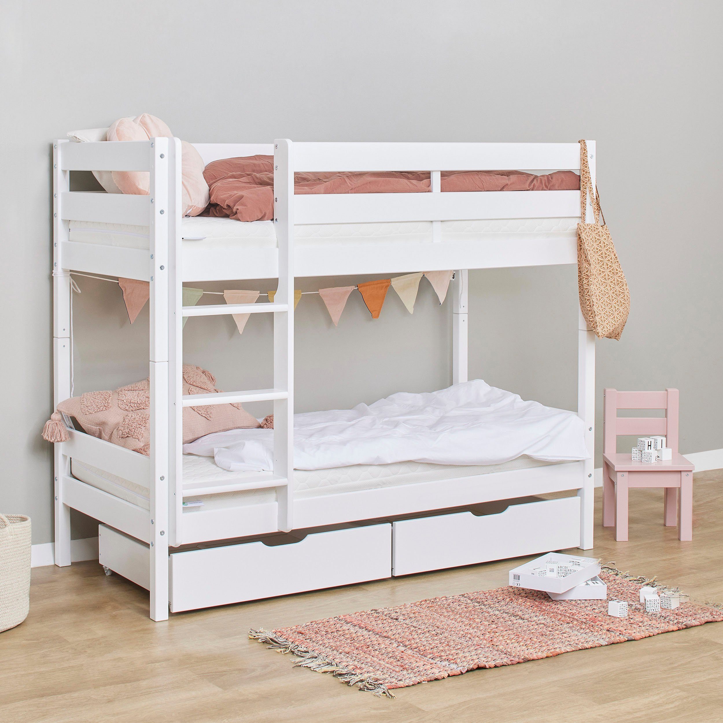 Hoppekids Stapelbed Eco comfort kinderbed 90x200 of 70x160 van massief hout in 4 kleuren
