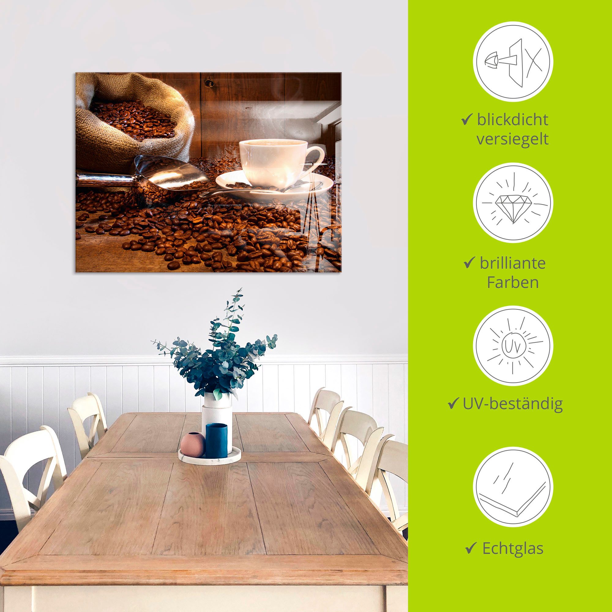 Artland Print op glas Koffiekopje en linnen zak op tafel