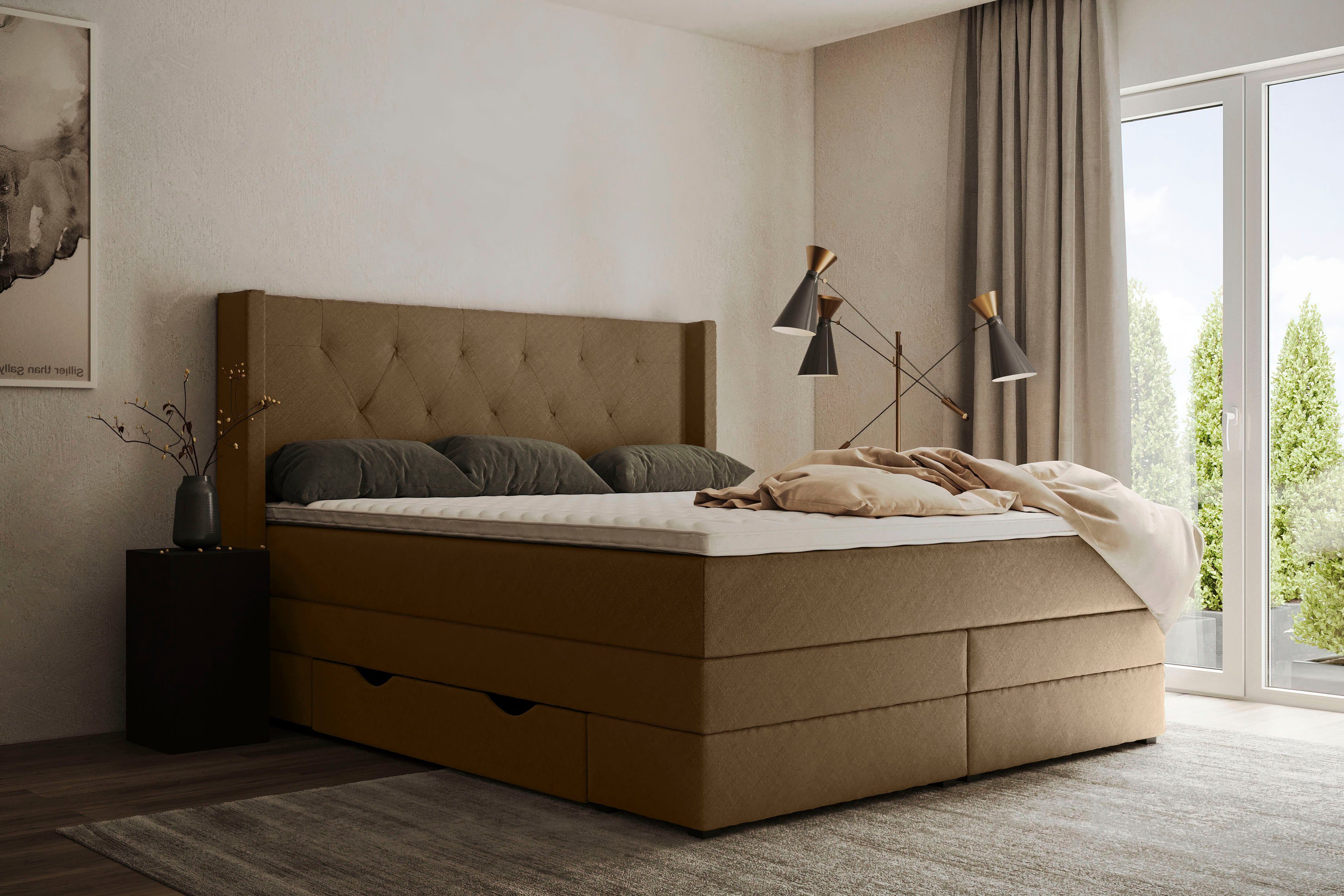 Places of Style Boxspring Elegance met mooie capitonnage, in de hardheden h2 & h3, inclusief laden boxsprings beige