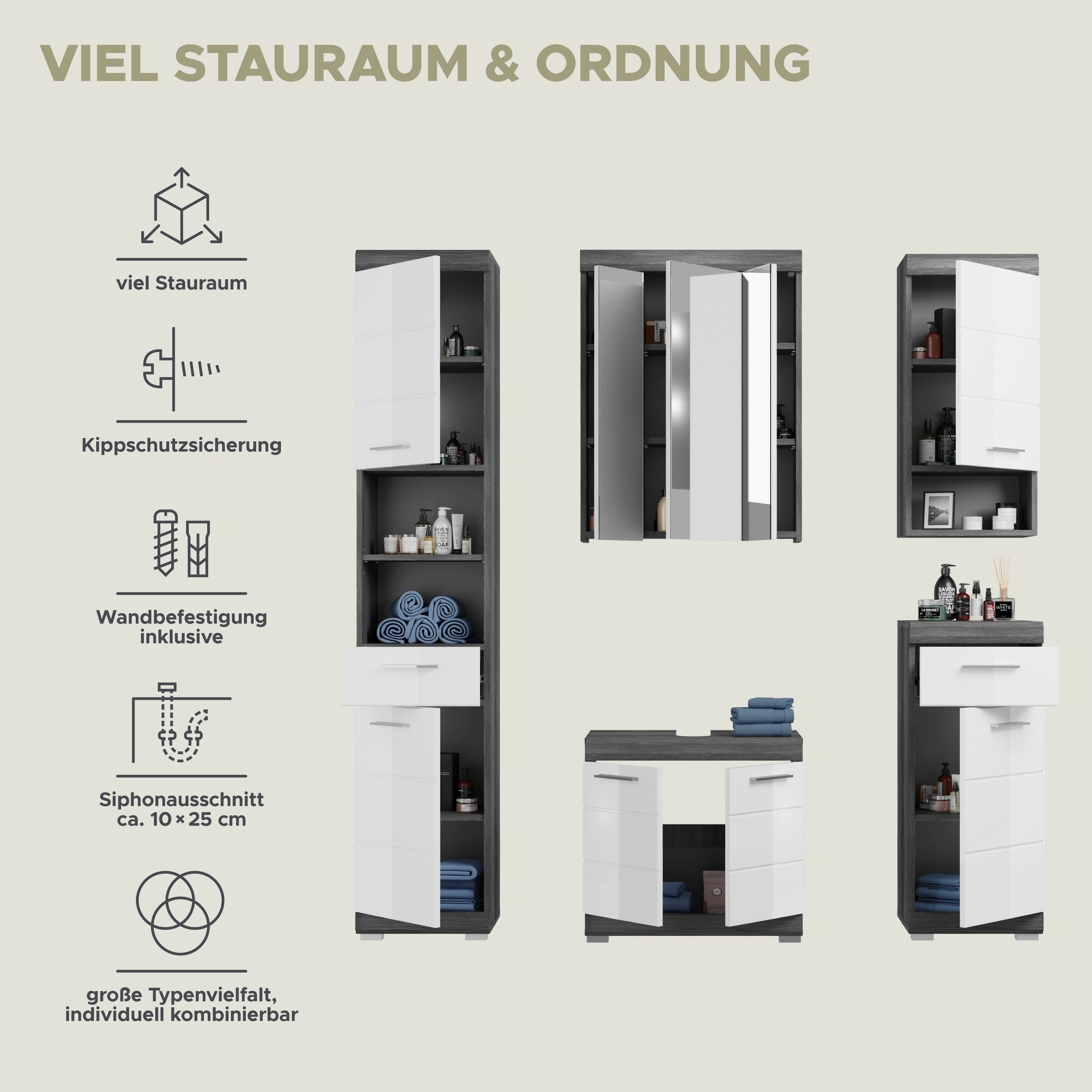 INOSIGN Badkamerserie Siena, 5-delig, bestaande uit: Hoge kast, WBU, spiegelkast, onderkast, hangkast (set, 5 stuks)