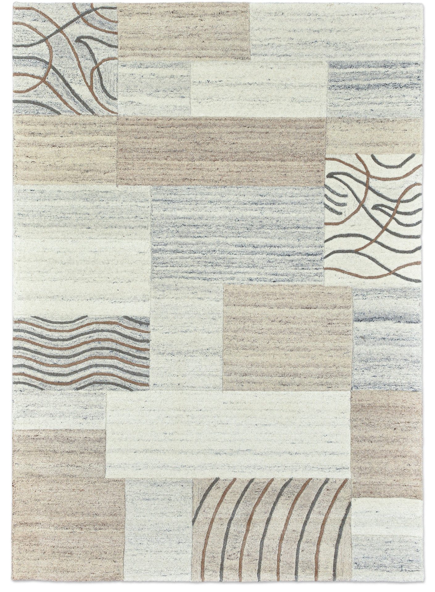 THEKO Wollen kleed Royal Naturel 4028 100% wol, handgetuft, natuurlijke tinten, patchworkontwerp, gemêleerd wollen vloerkleden maat 120 cm x 180 cm x