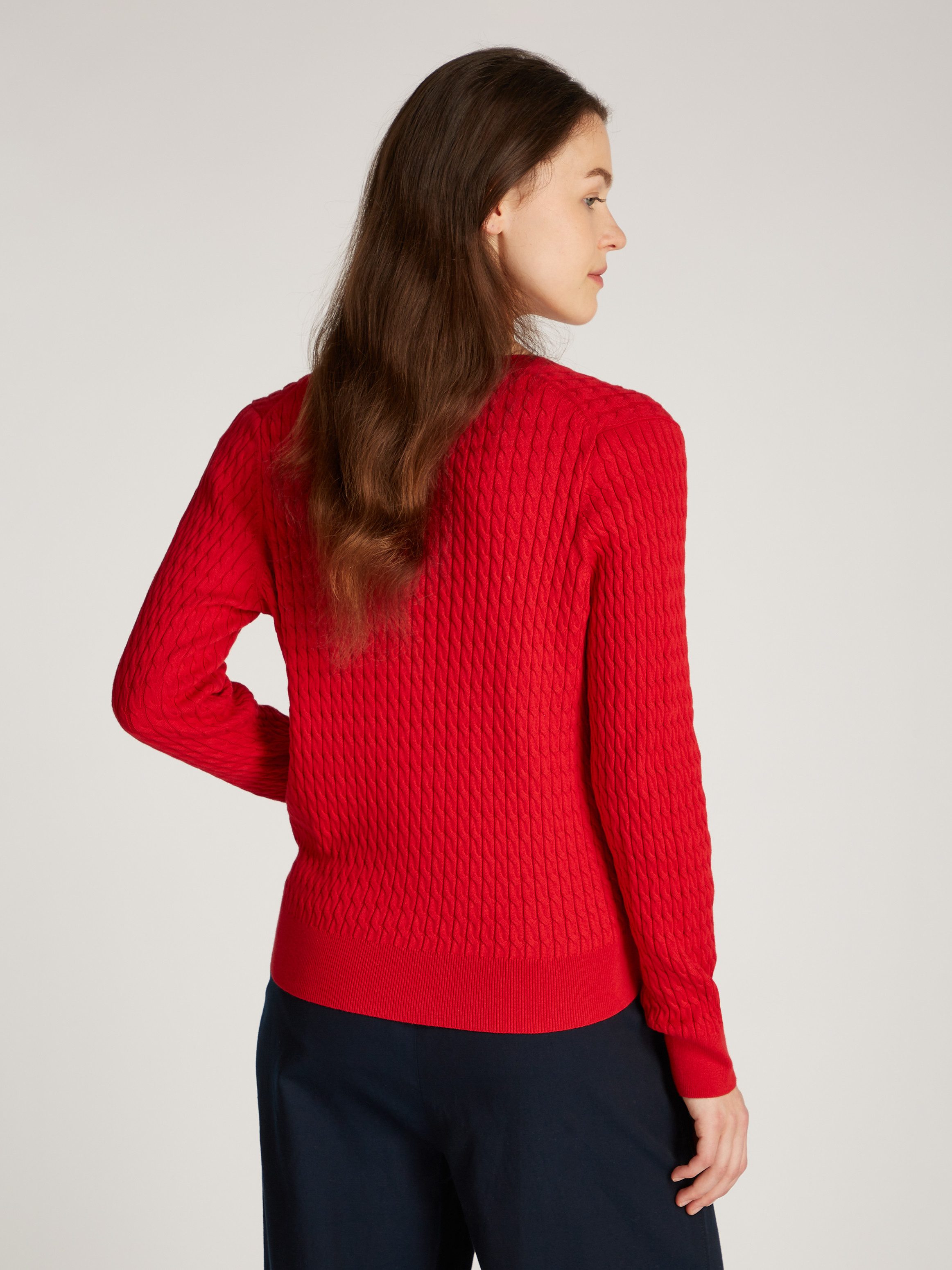 Tommy Hilfiger Trui met V-hals CO CABLE V-NK LS SWT met kabelpatroon, logo-borduursel