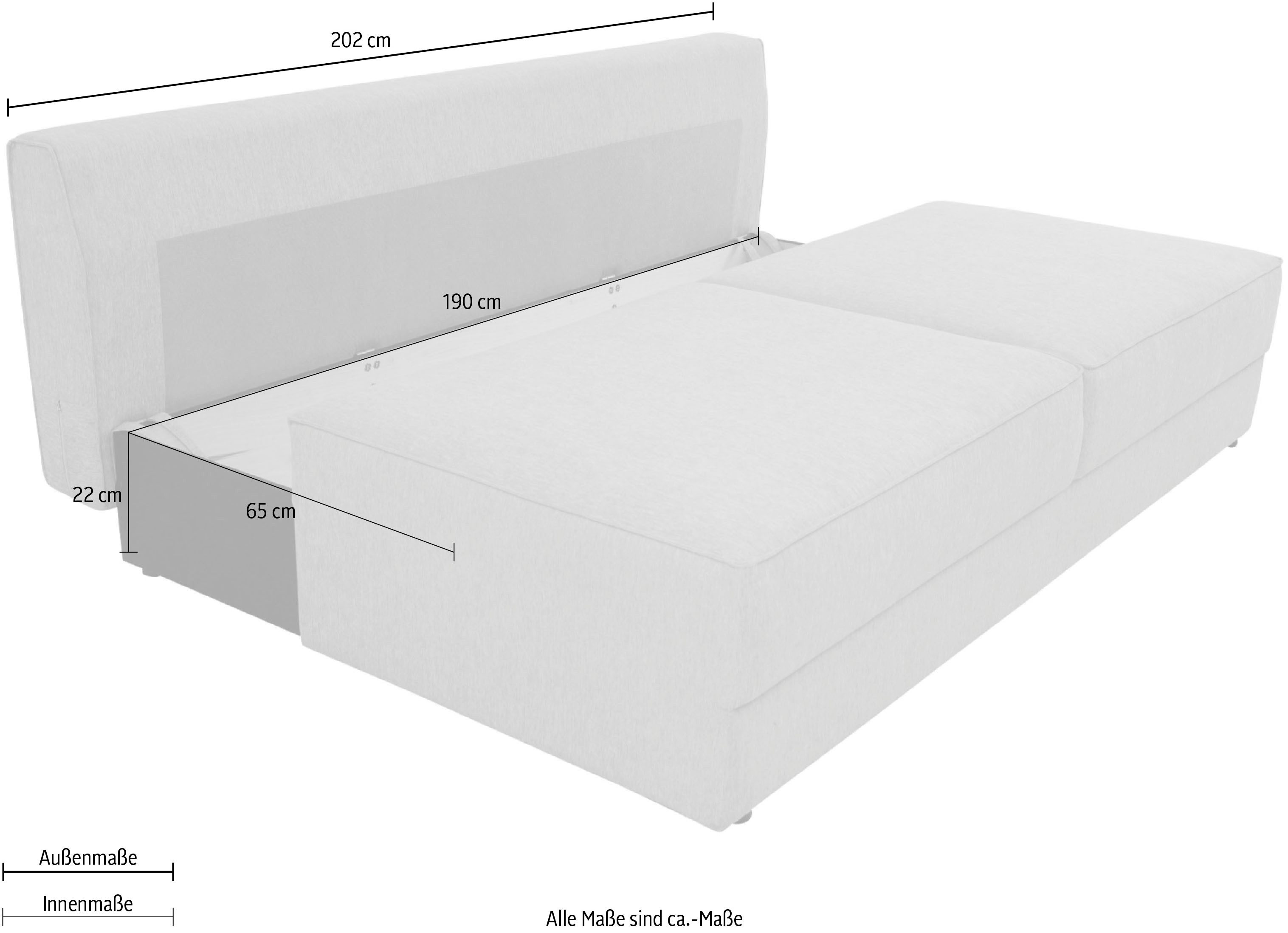 INOSIGN Slaapbank Simonton 3-zits, Breedte 202 cm Ligoppervlak 202x146 cm, incl. bedlade, zachte structuurstof