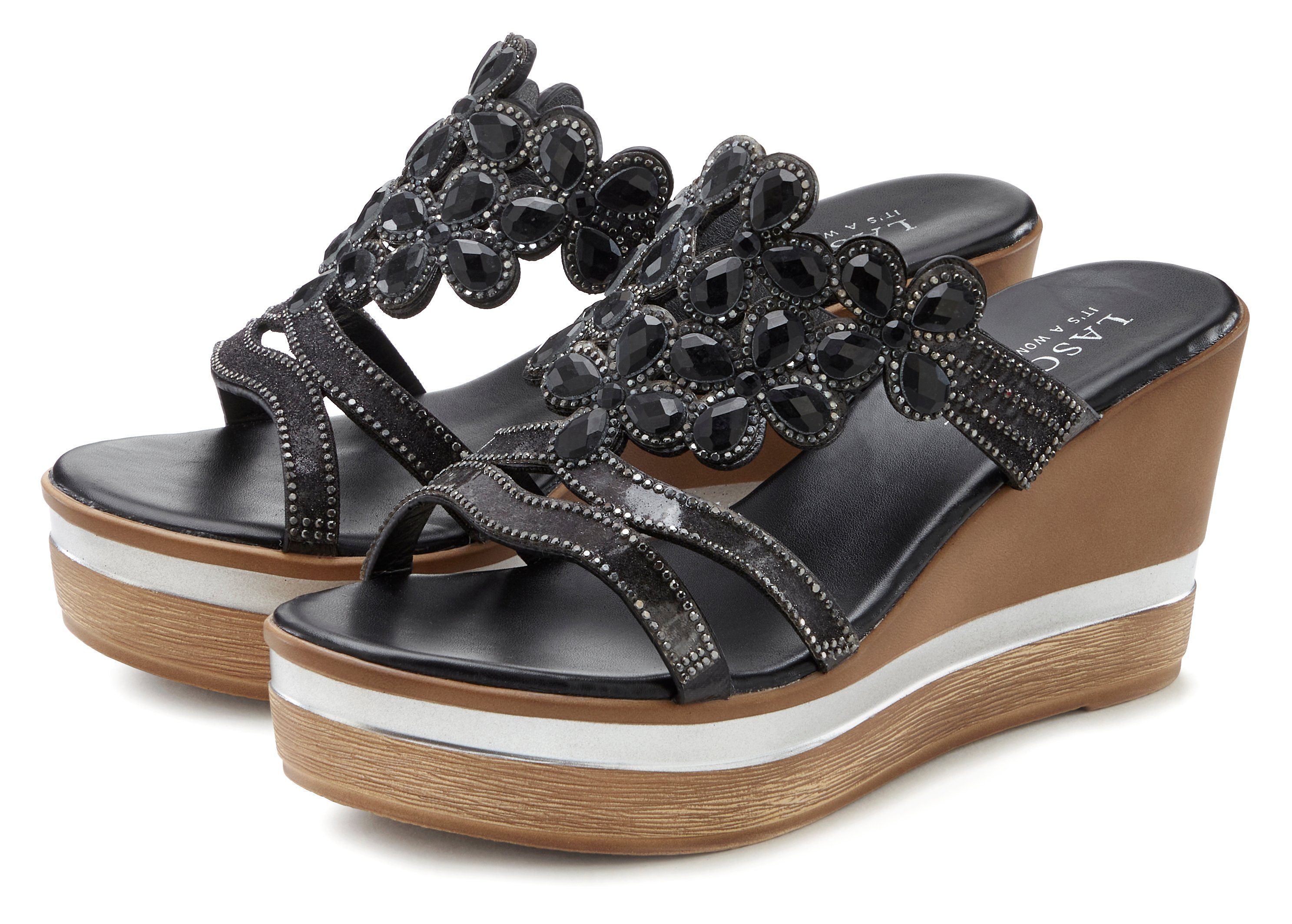 Lascana Slippers Mule, sandaal, open schoen met sleehak en uitgebreide versiering dames sandaaltjes maat 39 EU zwart