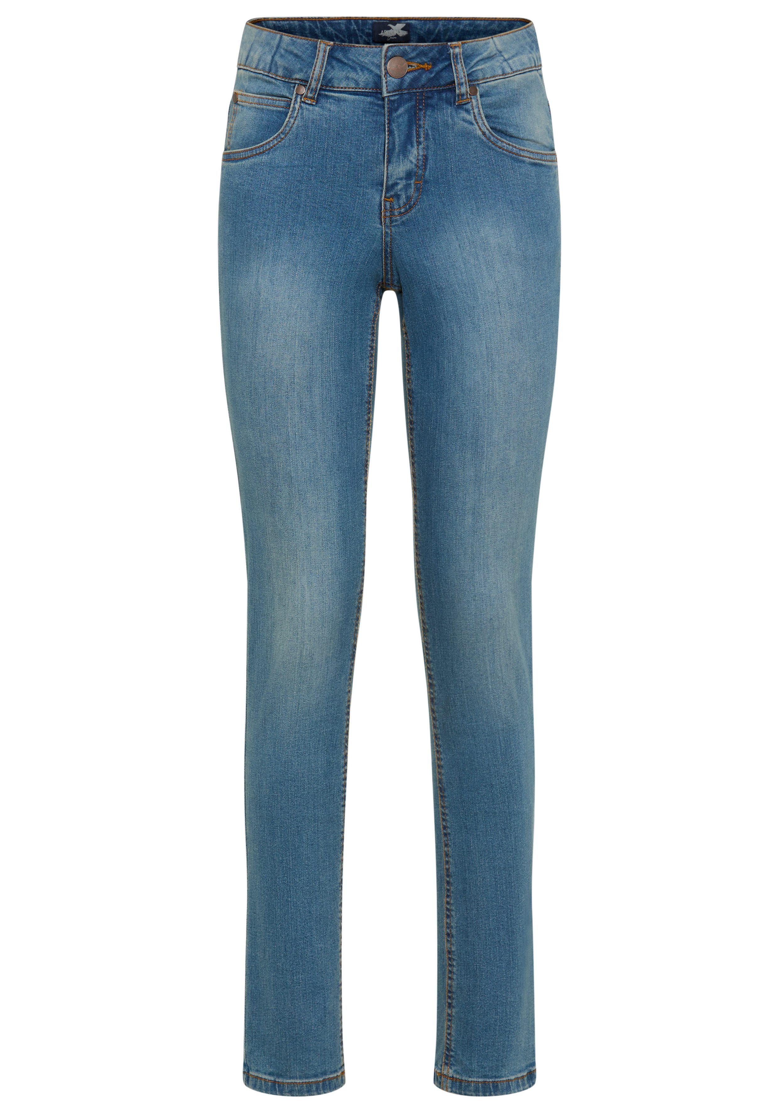 Arizona Slim fit jeans Tailleband met zij-elastiek inzet smalle pasvorm, skinny jeans, used-wassing, hoge taille