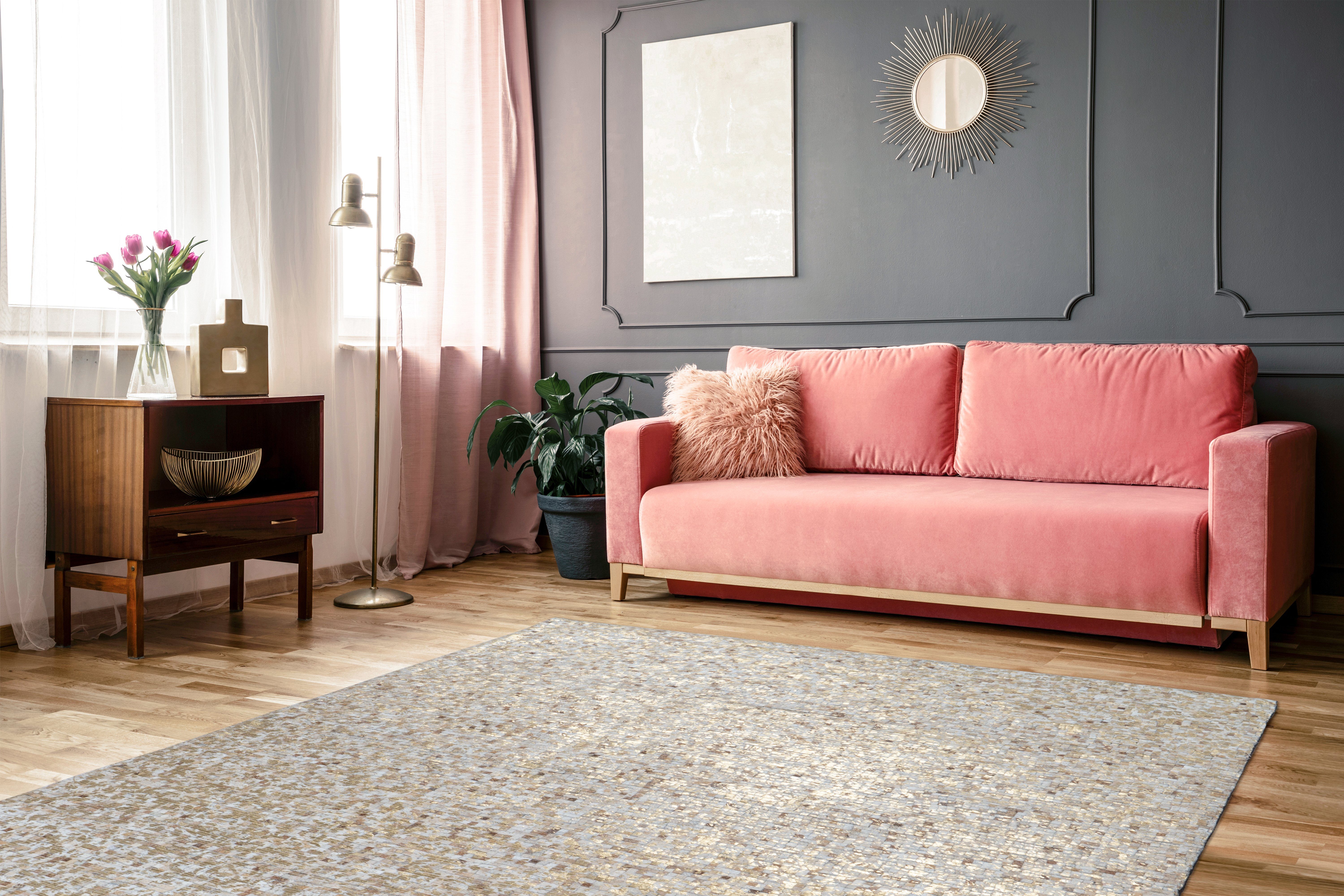 aRTE ESPINA Vloerkleed Finish 100 natuurlijk lederen tapijt, met glanzende metallic kleur, rug van vilt