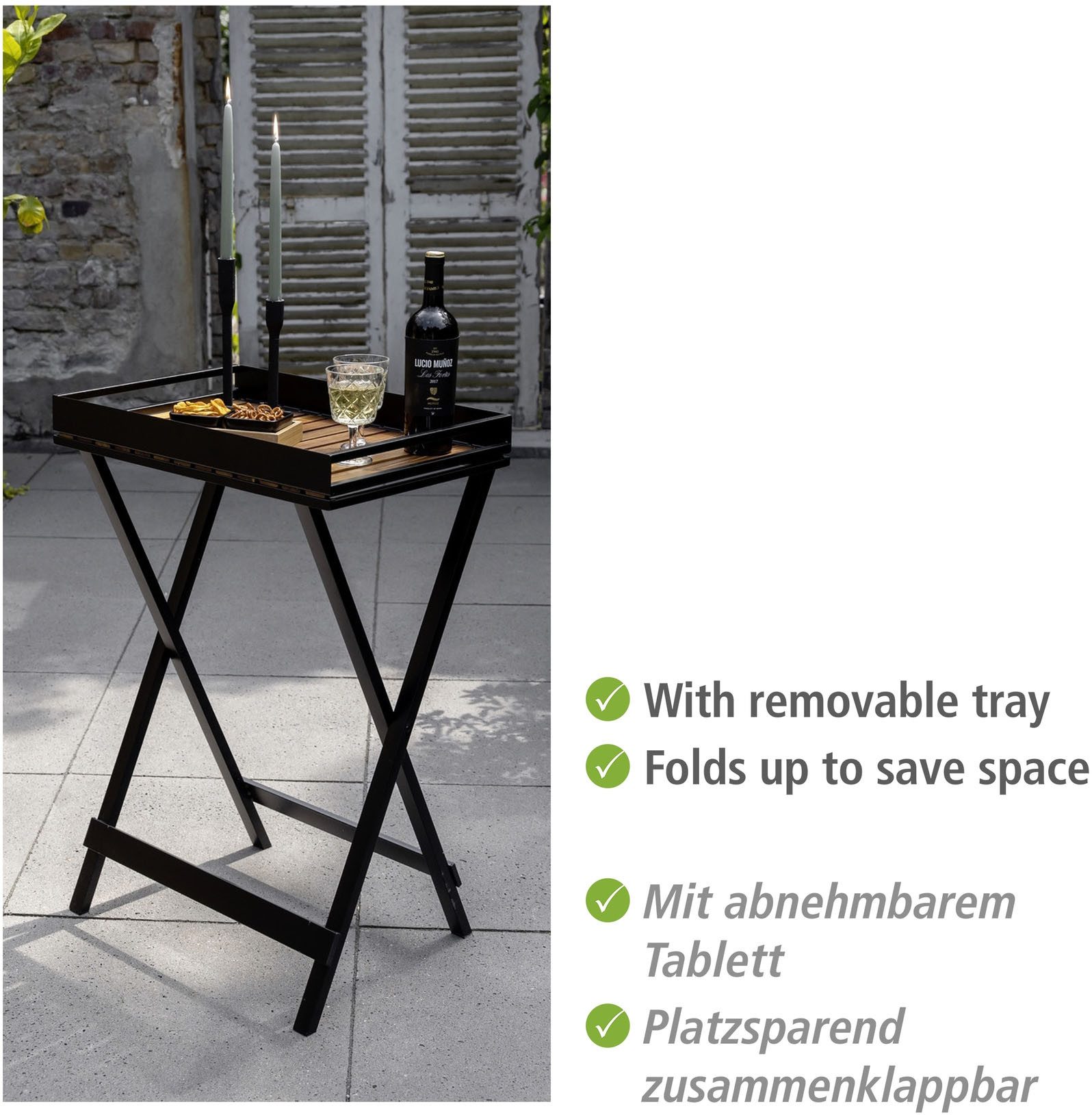WENKO Dienblad Bijzettafel model Taba opklapbaar, afneembaar acaciahouten dienblad, overdekt geschikt voor buiten