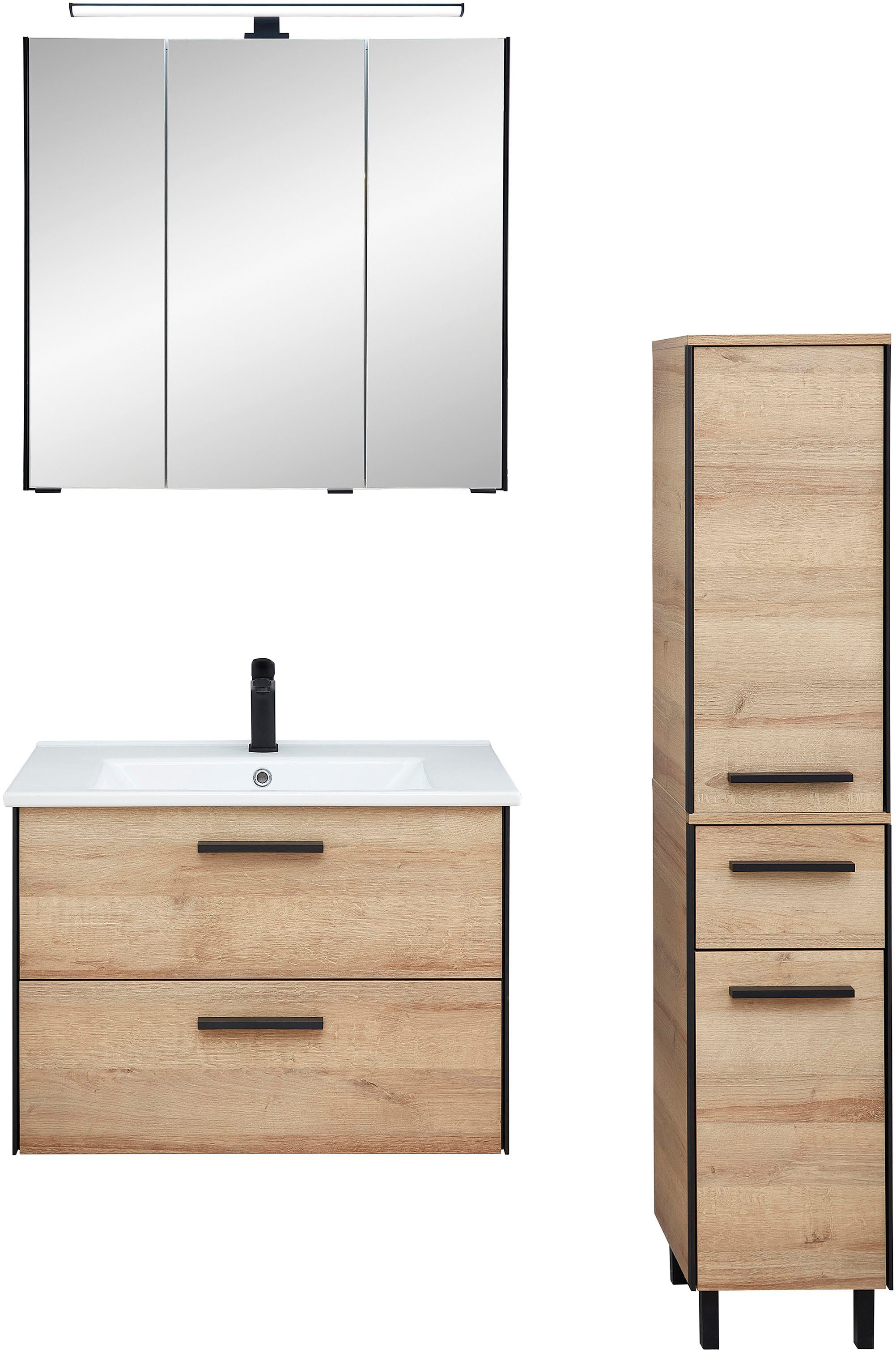 Saphir Badkamerserie Quickset 395 3-delig, keramieken wastafel met led-spiegelkast Halfhoge kast, inclusief deurdemper, 5 deuren, 3 laden,