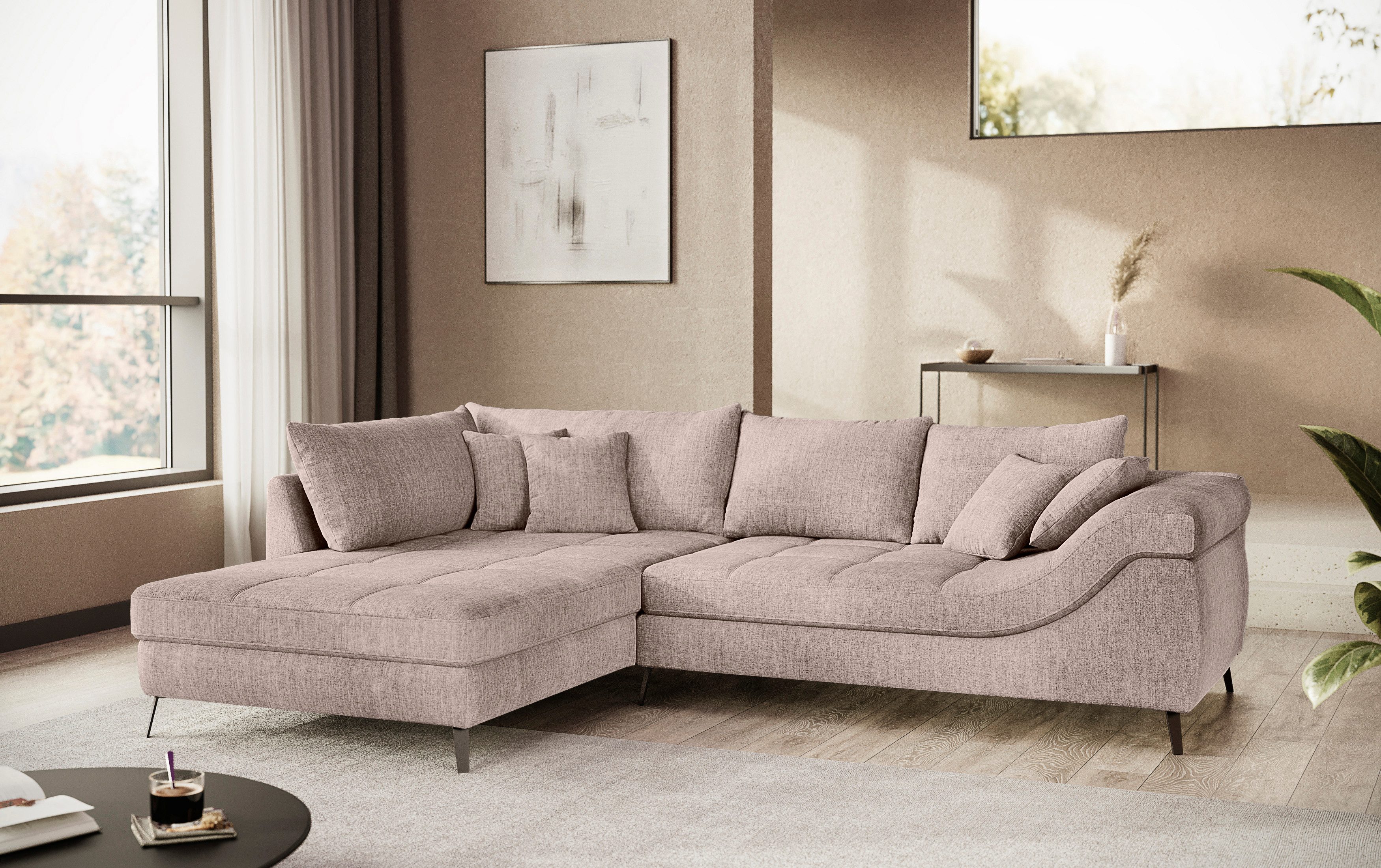 Mr. Couch Hoekbank Portofino L-vorm 4 bekledingskwaliteiten, 13,5 cm hoge metalen profielvoeten in mat zwart