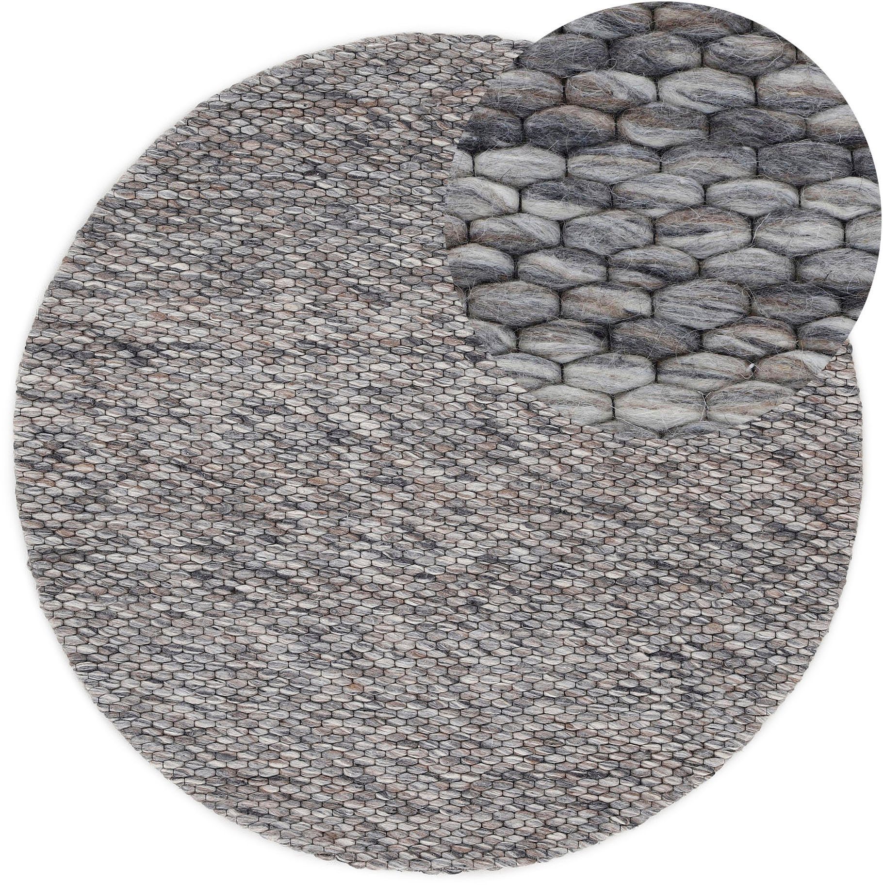 carpetfine Wollen kleed Sina grove structuur, tijdloos design, 100% wol, woonkamer wollen vloerkleden maat Ø 200 cm x 14 mm grijs