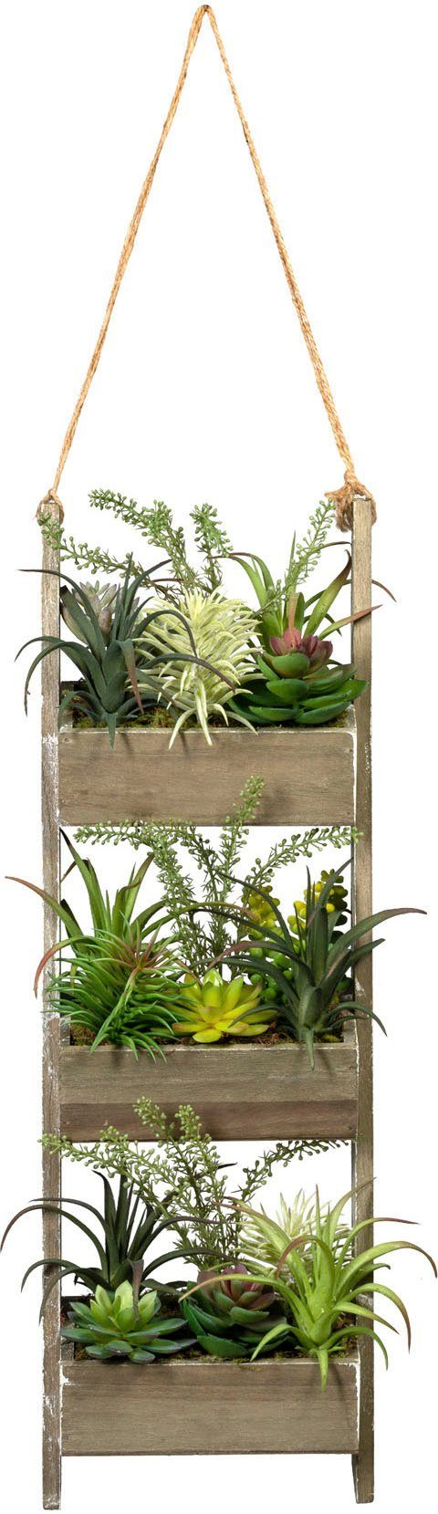 Creativ green Kunst-potplanten Houten deco ladder met vetplanten (1 stuk)