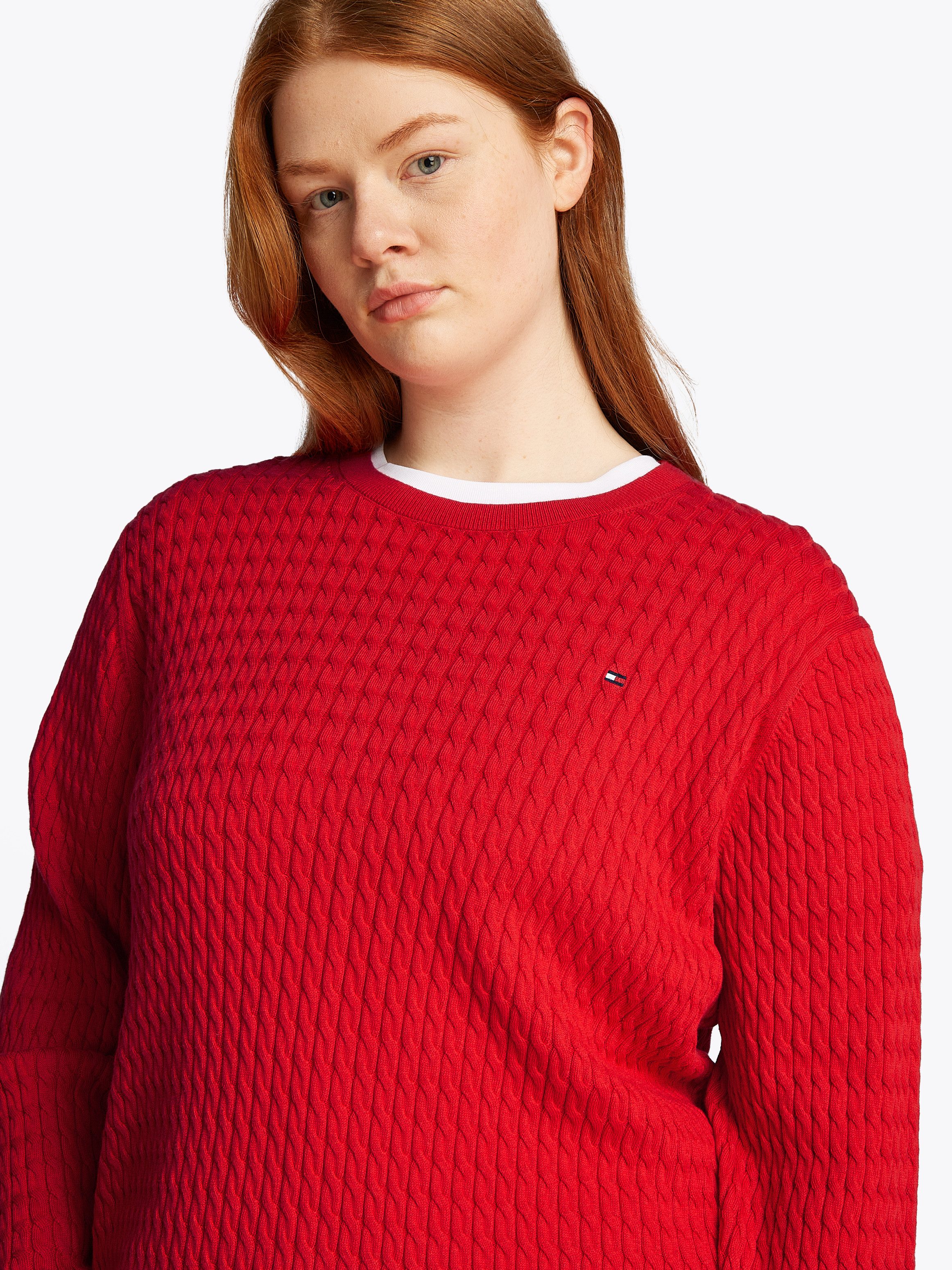 Tommy Hilfiger Curve Trui met ronde hals CRV CO CABLE C-NK LS SWEATER in grote maten, kabelpatroon, logoborduursel