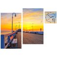 conni oberkircher´s wanddecoratie sunset pier - zonsondergang aan de pier met decoratieve klok, brug, pier, vakantie, ontspanning (set) multicolor