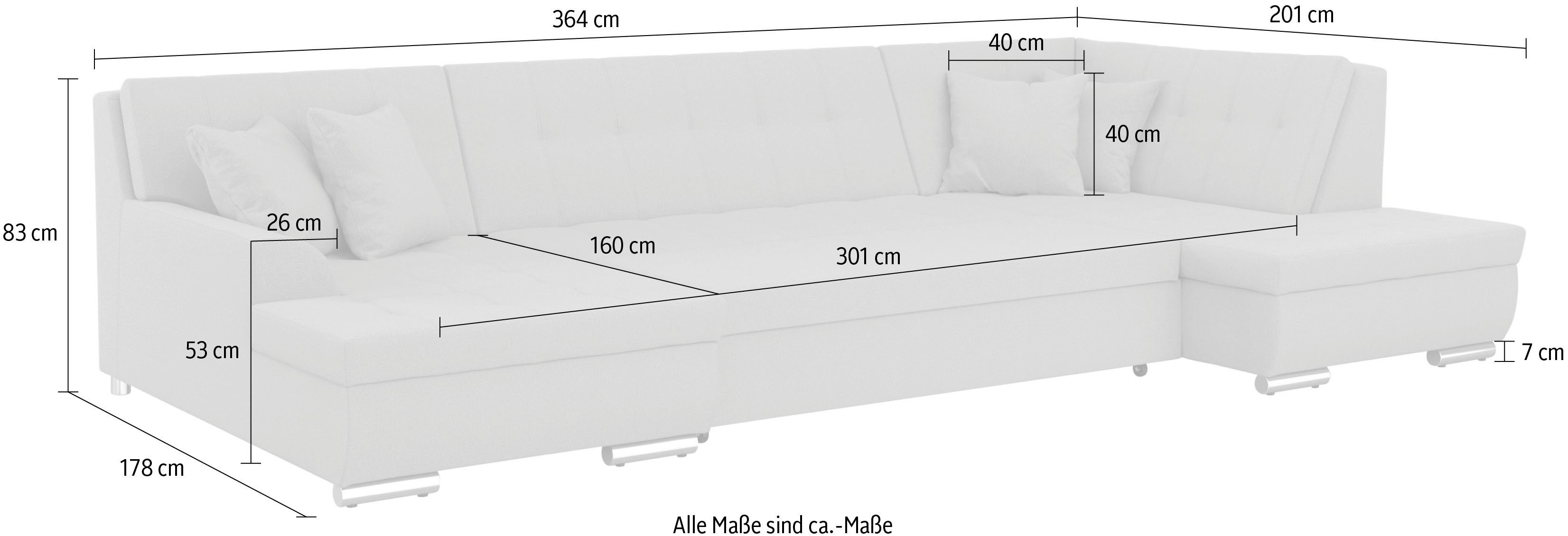 DOMO collection Zithoek Treviso inclusief sierkussen, moderne stiksels, XXL: B/D/H: 364/201/83 cm naar keuze met slaapfunctie, in vele soorten bekleding ook in cord u-model