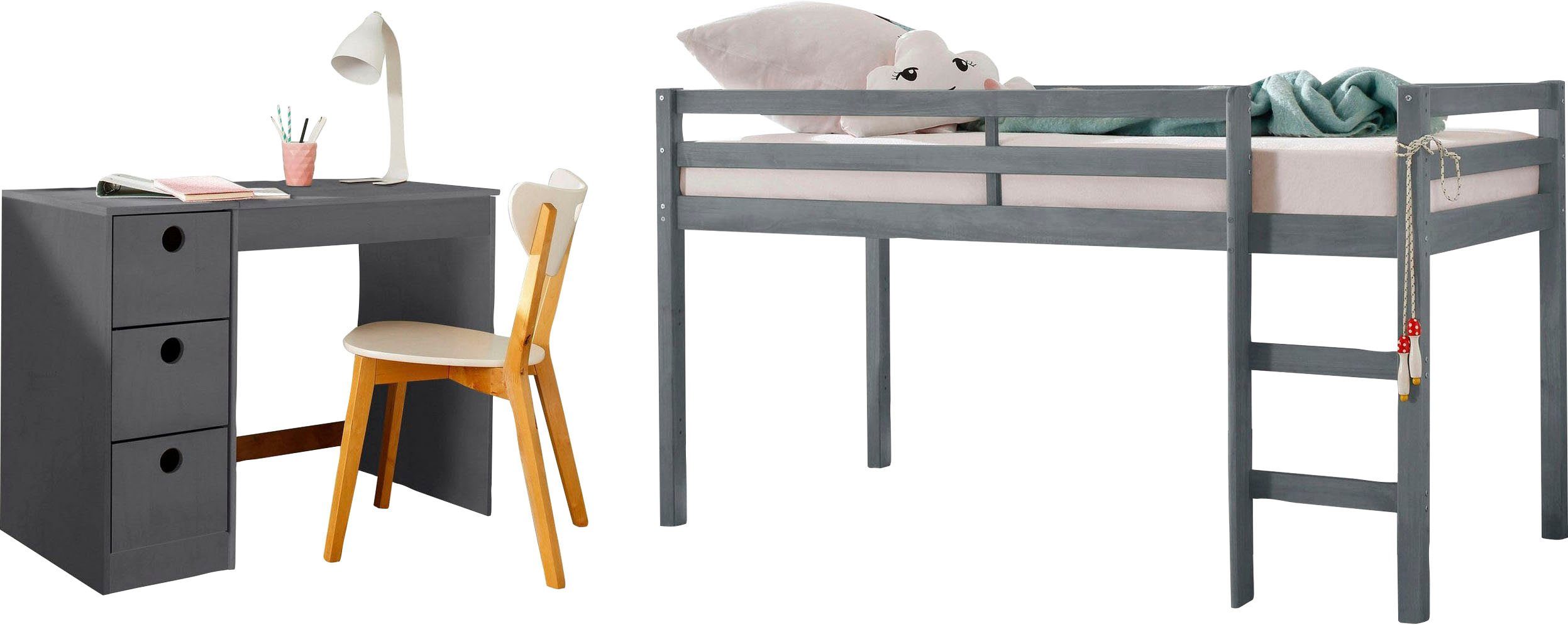 Lüttenhütt Tienerkamerset Alpi Hoogslaper en bureau met opbergruimte, perfect voor kleine kamers (voordeelset, 2-delig) complete kinderkamers grijs