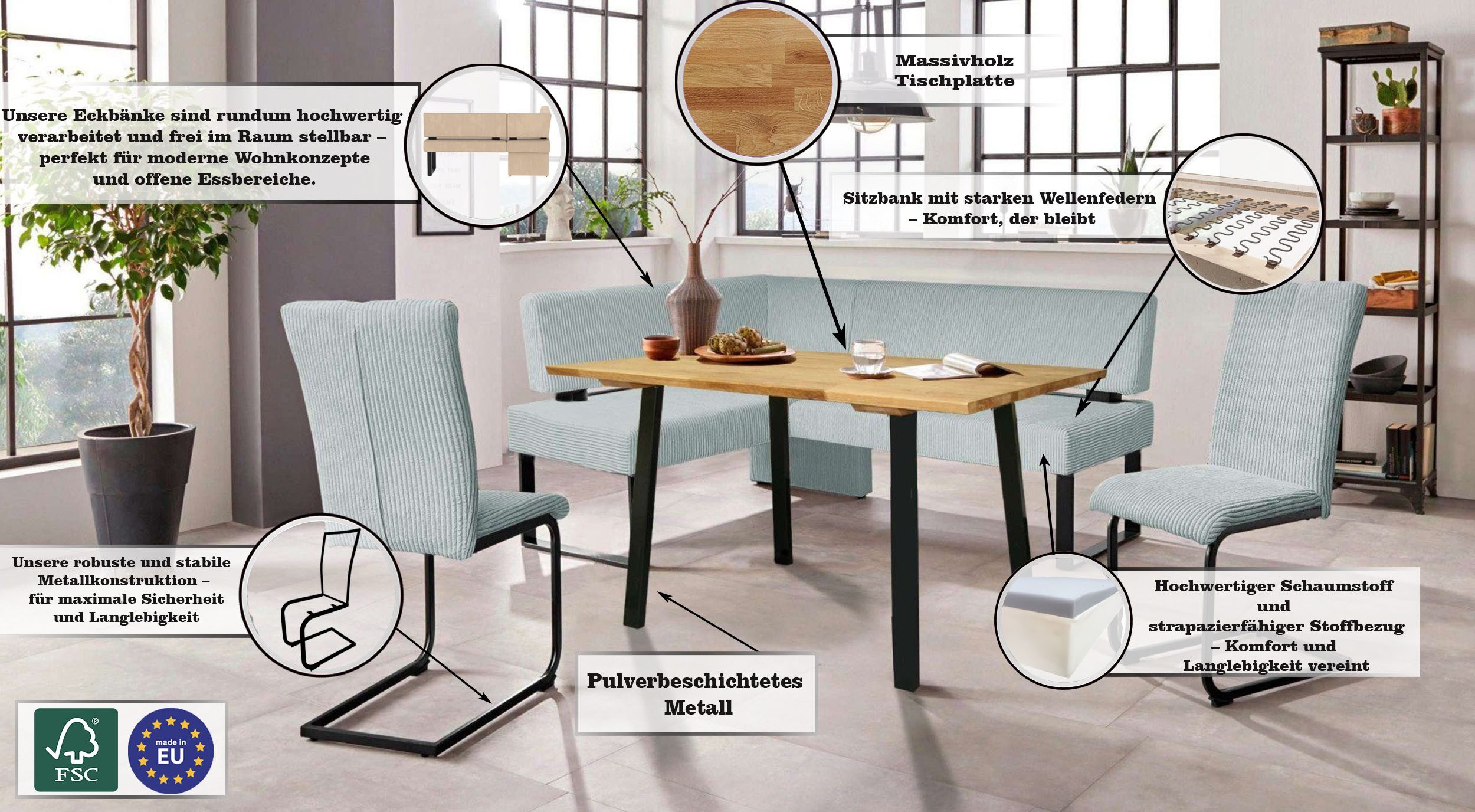 Home affaire Eethoek Oliver Hoekbank met golfvering in de zitting, tafel massief eiken (set, 4-delig)