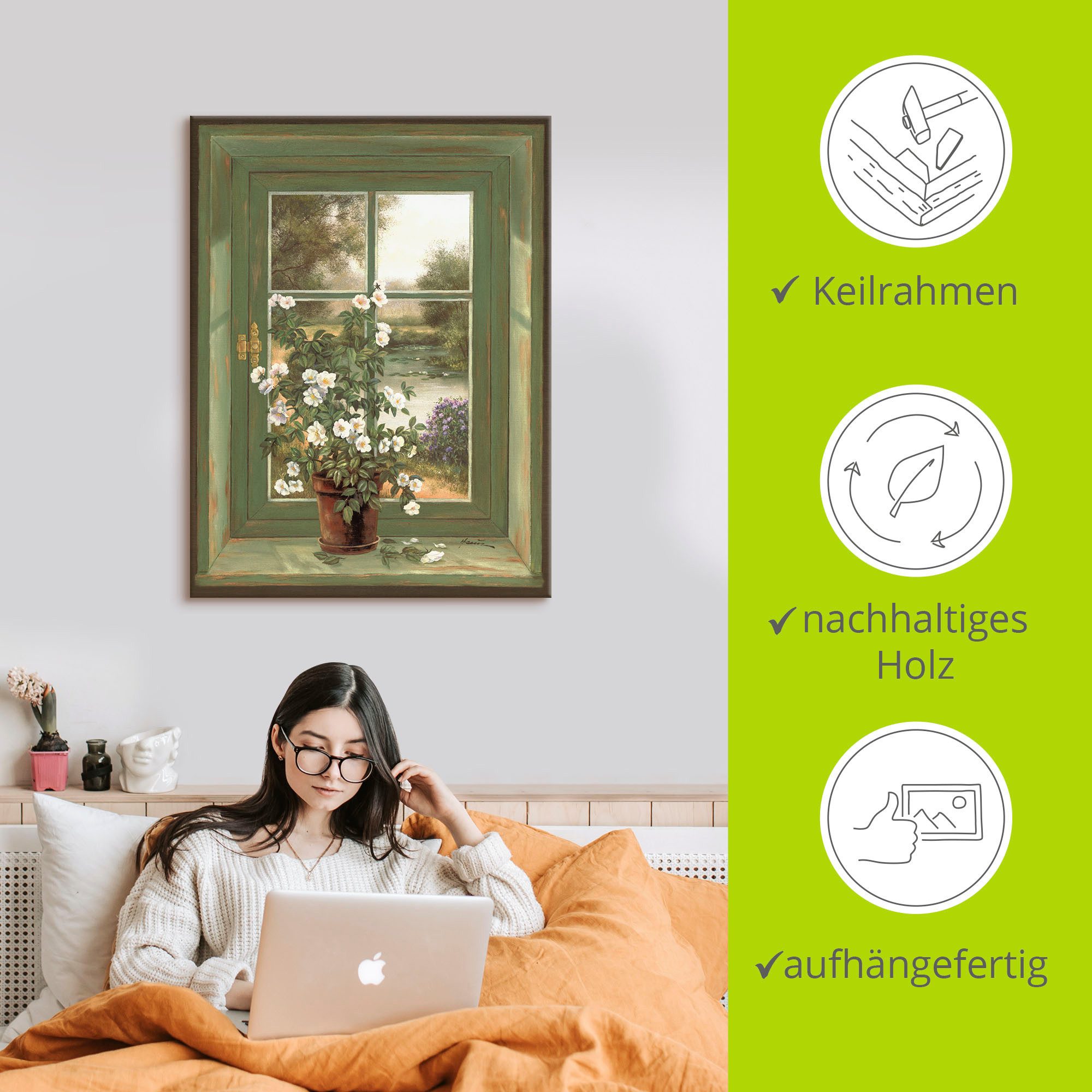 Artland Artprint Wilde rozen bij het raam als artprint van aluminium, artprint voor buiten, artprint op linnen, poster, muursticker