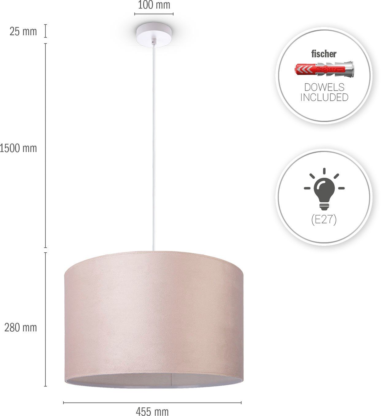 Paco Home Hanglamp Hugo uni Color Woonkamer lampenkap van velours uni-kleuren decoratie E27 kabel 1,5m