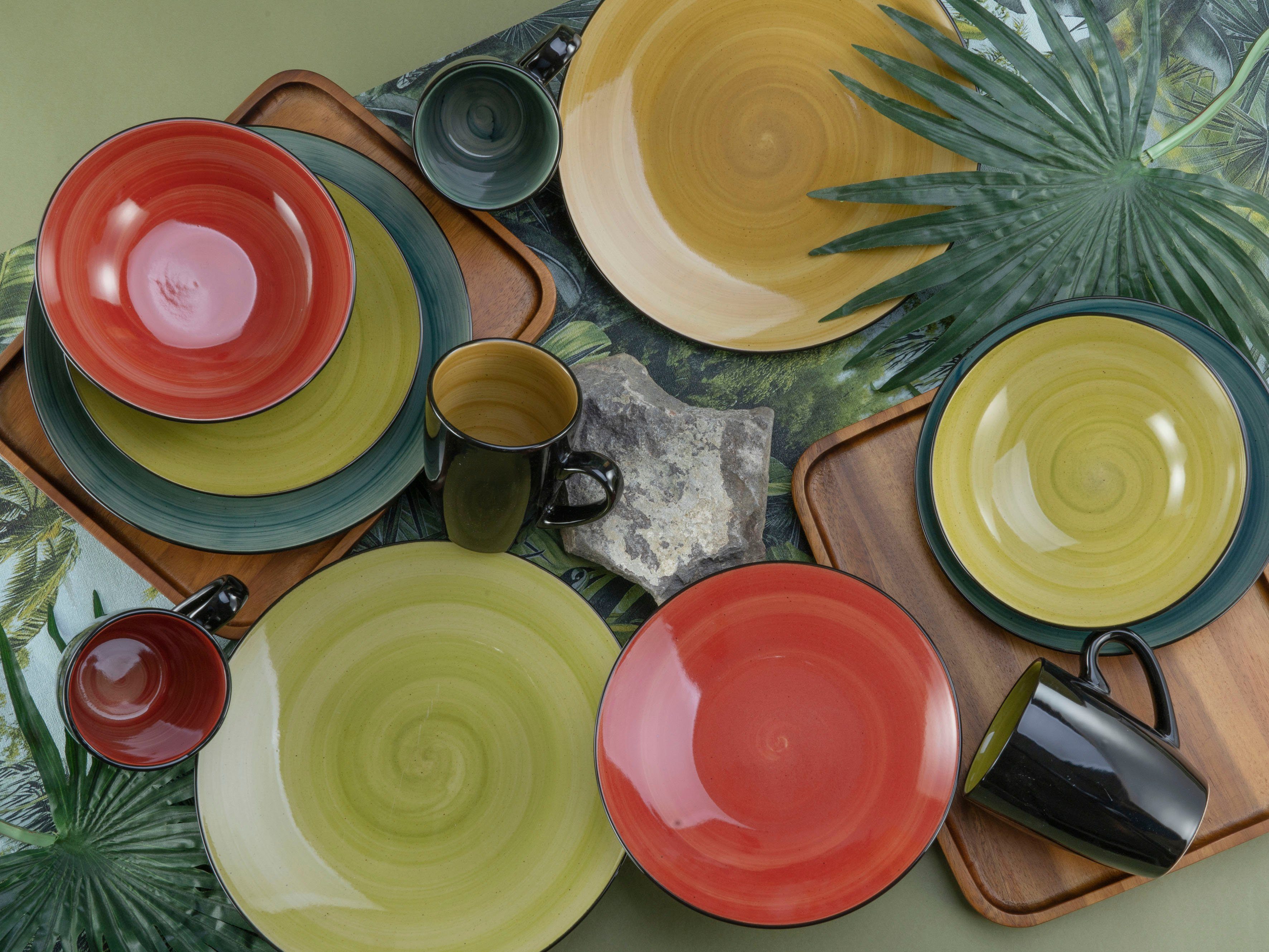 CreaTable Combi-servies Servies-set Samoa Servies, met de hand geschilderde spiraaldecoratie, 16 delen, voor 4 personen (set, 16-delig)