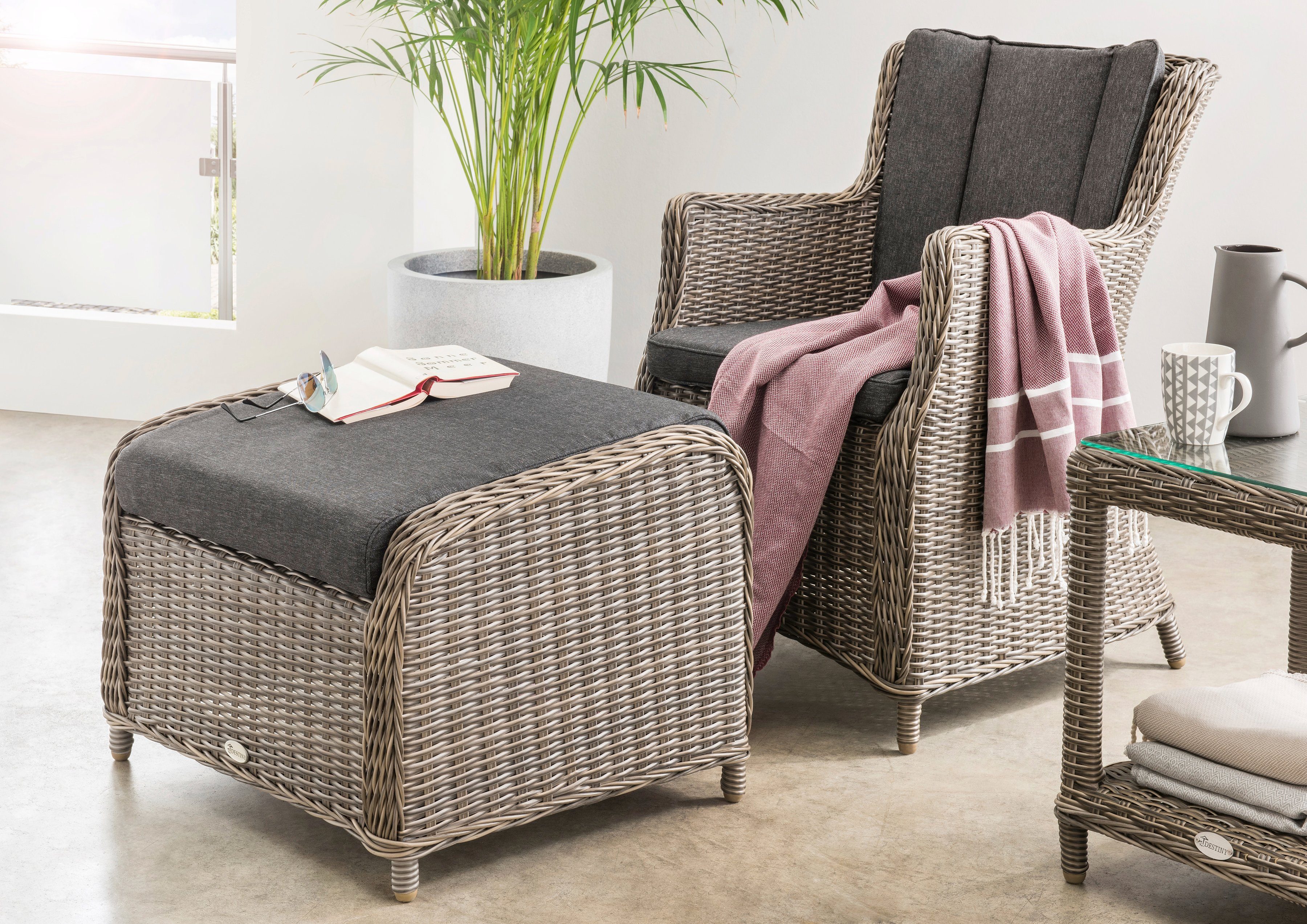 Destiny Tuinset LUNA CASA Polyrotan, fauteuil met voetenbankje, incl. kussens (set, 4-delig)