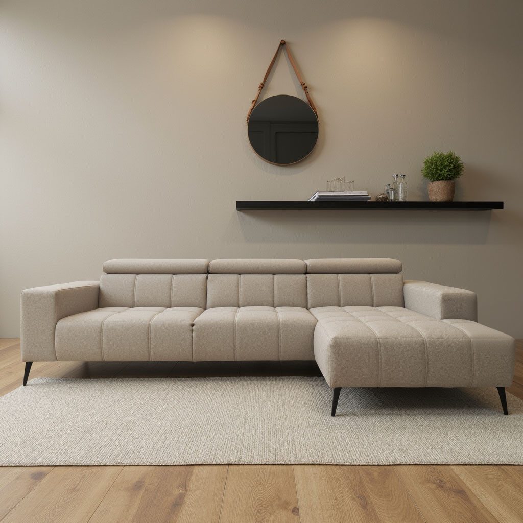 DOMO collection Hoekbank Trento L-vorm, met sledevoet of enkele voet naar keuze met verstelbare hoofdsteun, récamier links/rechts bestelbaar