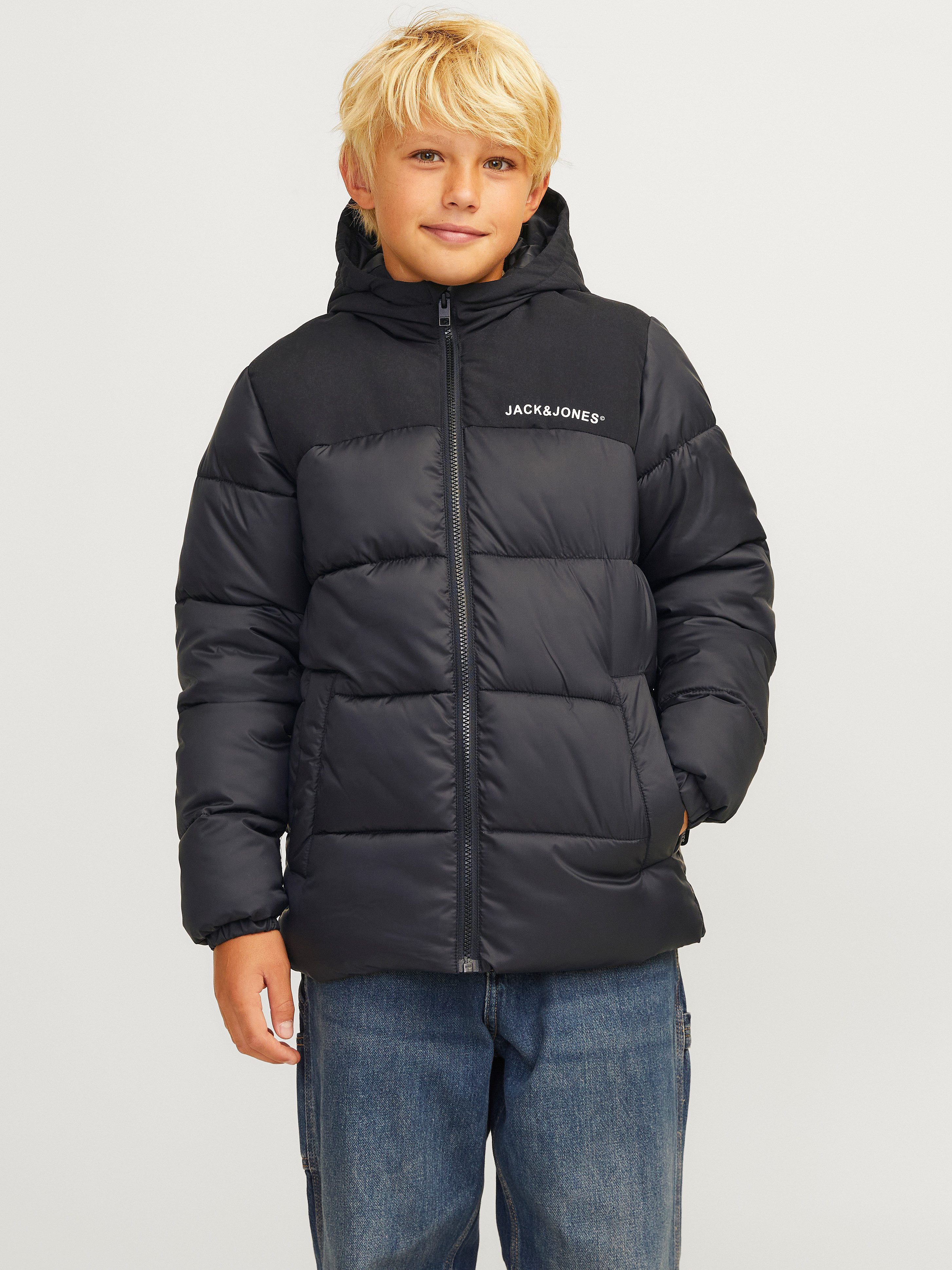 Jack & jones JUNIOR gewatteerde jas zwart Jongens Polyester Capuchon Meerkleurig 152