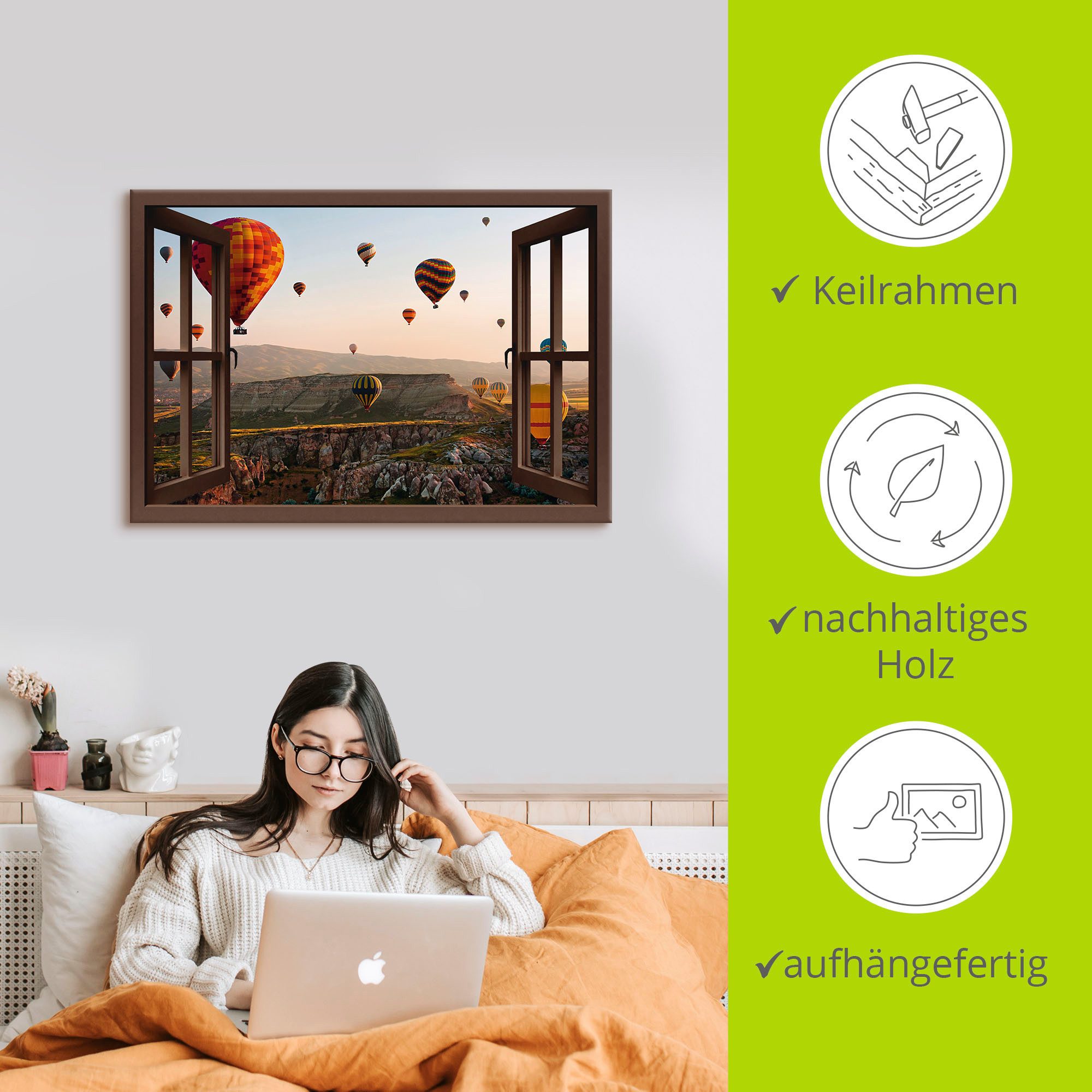 Artland Artprint Blik uit het venster Cappadocië ballonvaart als artprint op linnen, poster, muursticker in verschillende maten