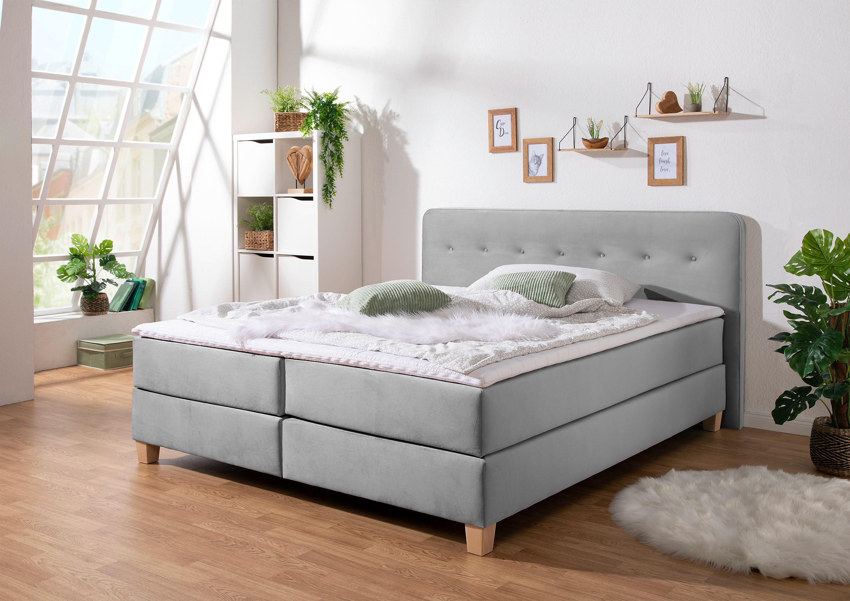 Home affaire Boxspring Fargo inclusief topper, in 3 soorten matrassen, in fluweel of structuurstof boxsprings grijs